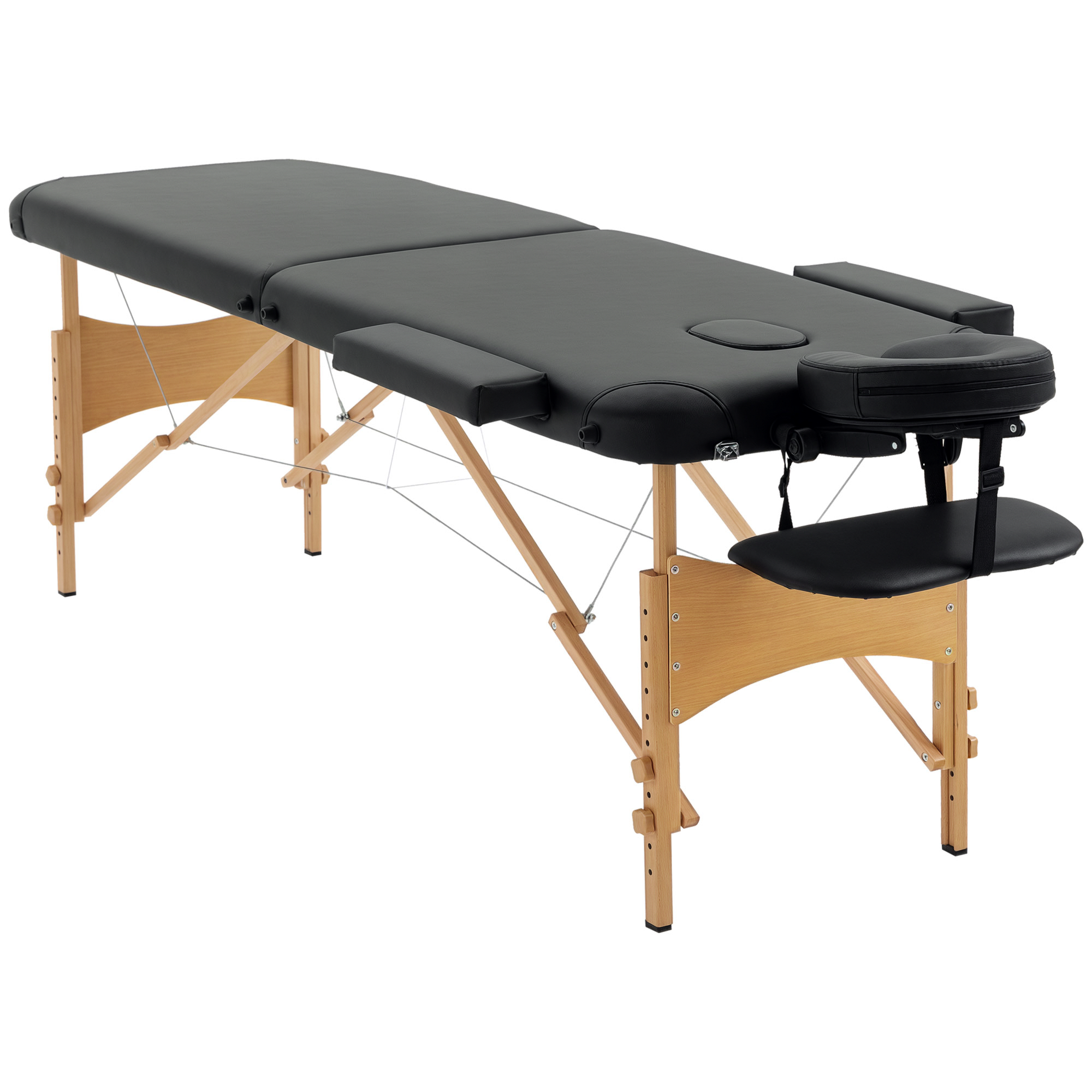 HOMCOM Pat de Masaj Pliabil și Portabil cu Înălțime Ajustabilă și Husă de Transport, Structură din Lemn, 185x60x61-88 cm, Negru