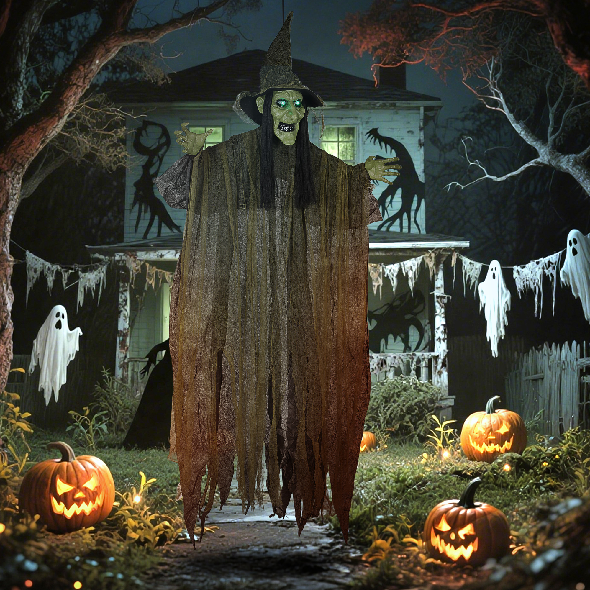 Outsunny 170 cm Life Size Hanging Halloween Animated Witch with Glowing LED Eyes, Spooky Witch Scary Halloween Decorations, Battery Operated, Indoor Party Props 2