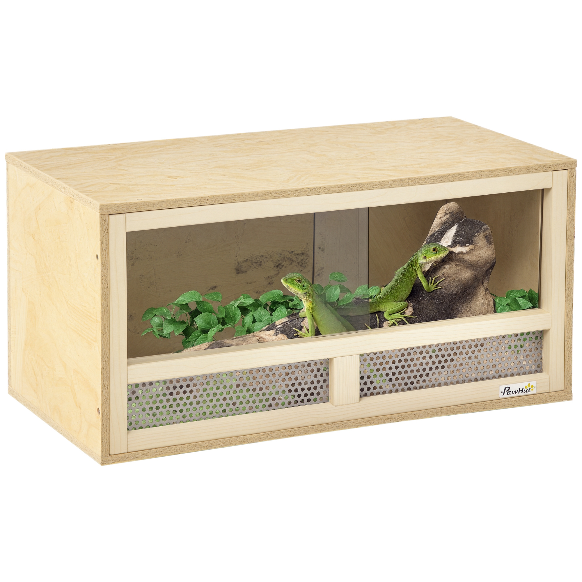PawHut Terariu din Lemn pentru Reptile cu Uși Glisante din Sticlă și Panouri din Plasă, 60x29.5x29.5 cm, Lemn Natural | Aosom Romania