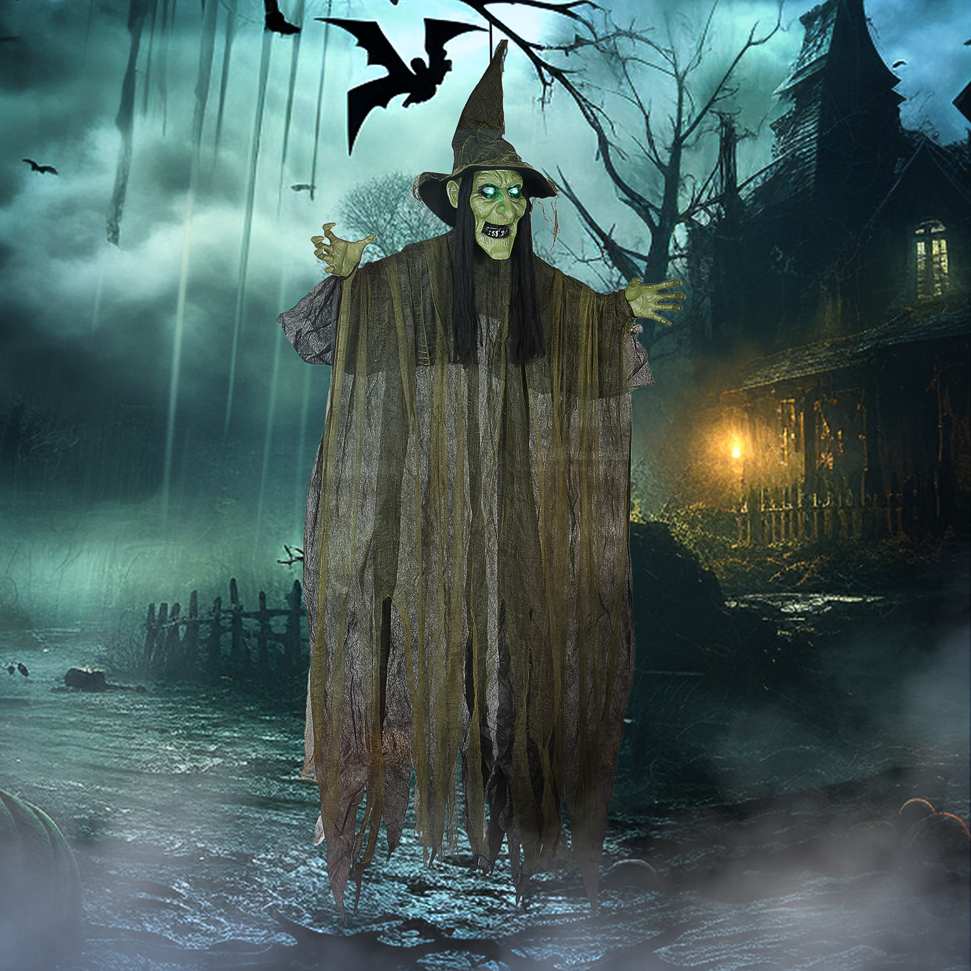 Outsunny 170 cm Life Size Hanging Halloween Animated Witch with Glowing LED Eyes, Spooky Witch Scary Halloween Decorations, Battery Operated, Indoor Party Props 7