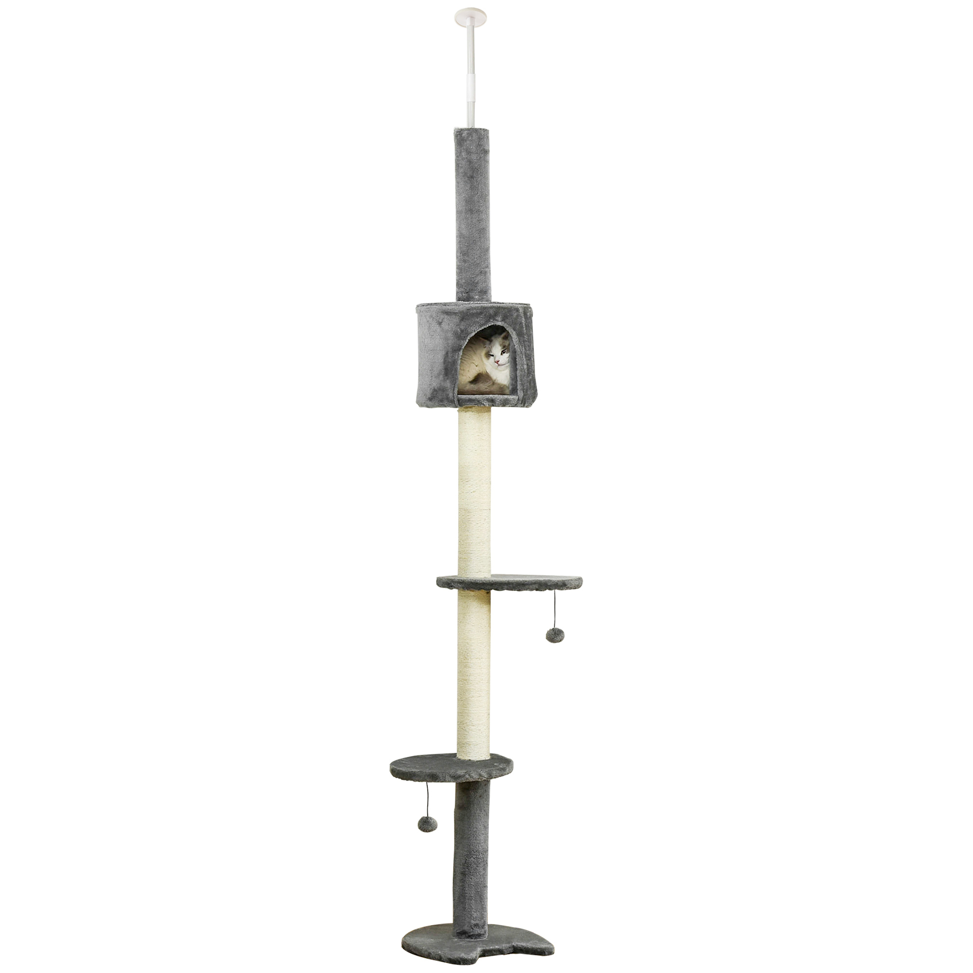 PawHut Árbol Rascador Techo para Gatos Altura Ajustable 220-280 cm Plataformas Cueva Postes de Sisal Bolas Colgantes Gris | Aosom España