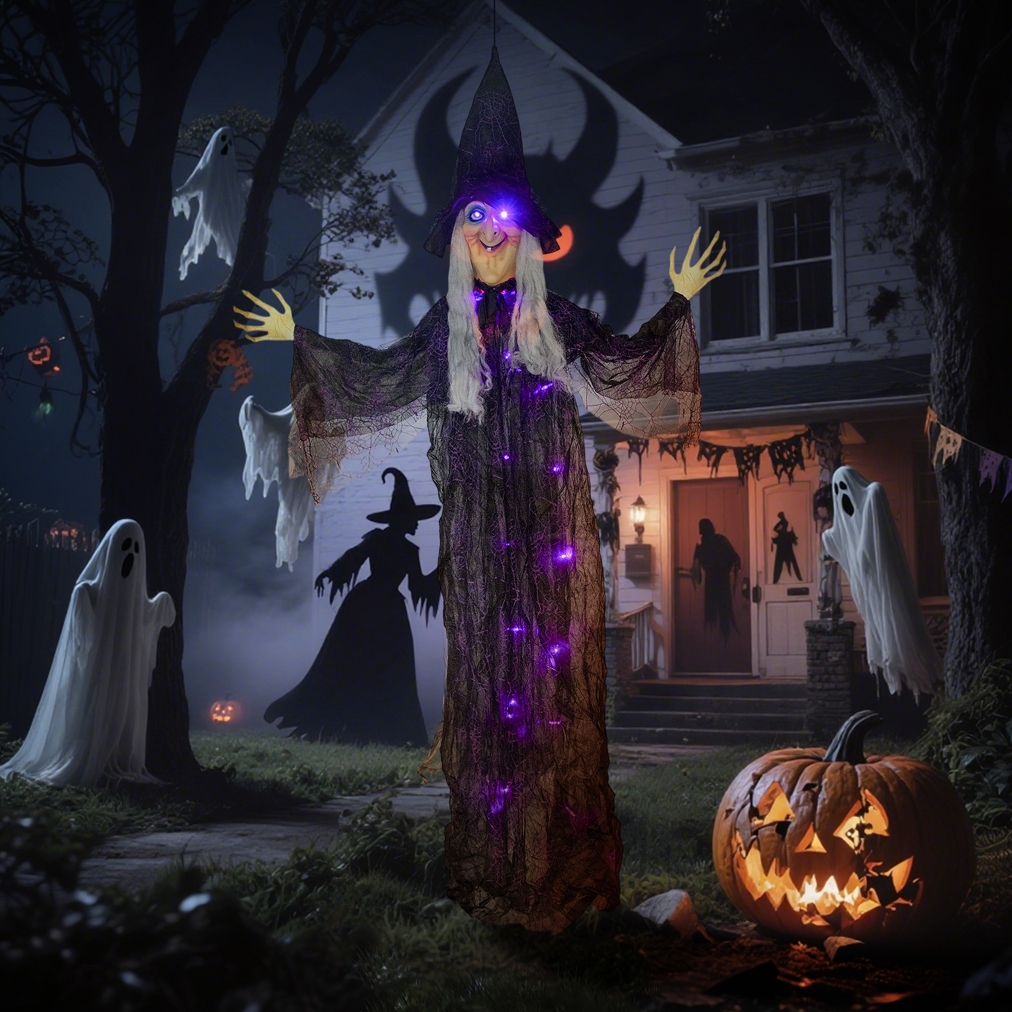 Outsunny 183 cm Life Size Halloween Animated Hanging Witch with Glowing LED Eyes & Body, Spooky Witch Scary Halloween Decorations, Battery Operated, Indoor Party Props 2