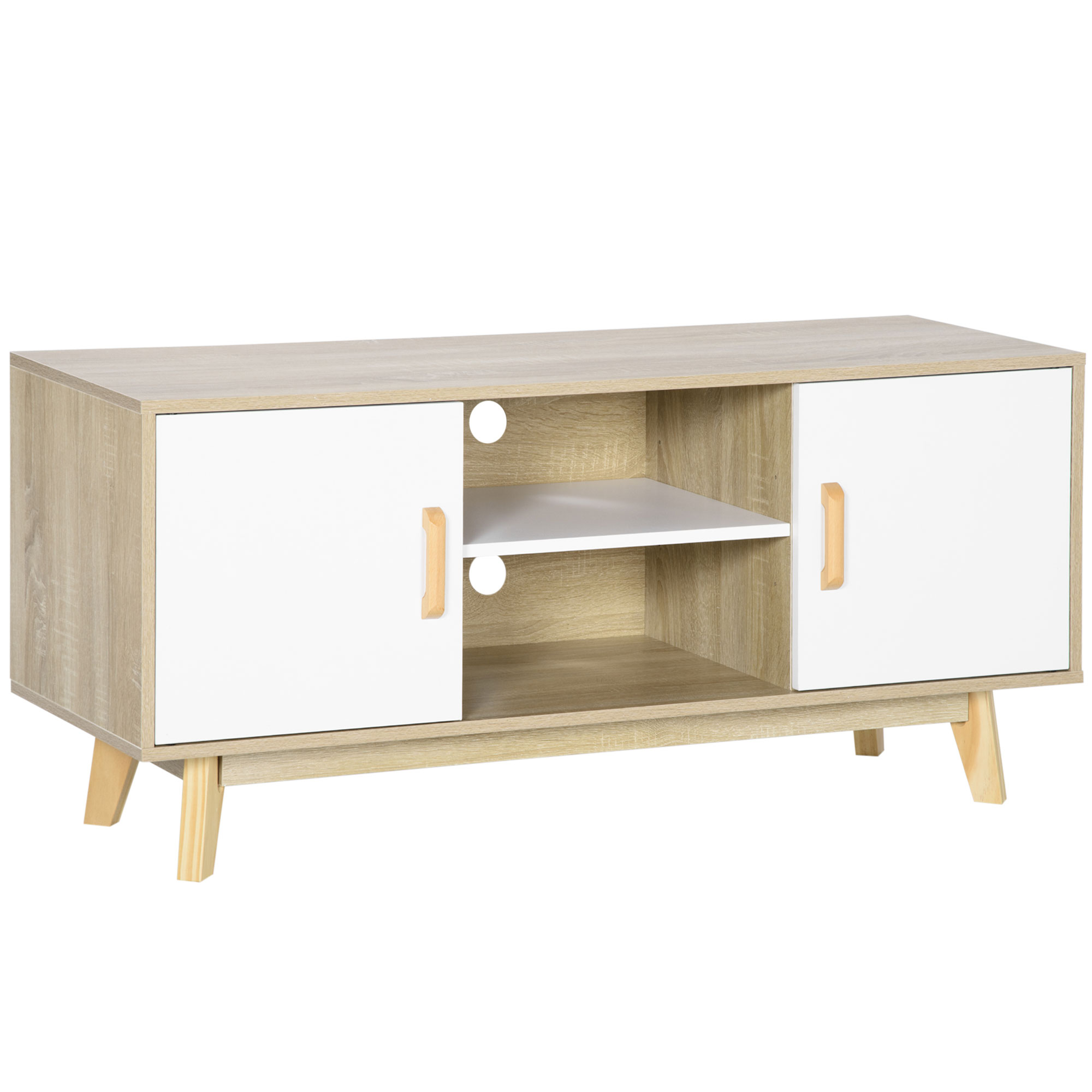 HOMCOM Mueble de TV para Televisores de hasta 55" Mesa TV con 2 Armarios y 2 Estantes 120x40x55 cm en Color Natural y Blanco | Aosom España