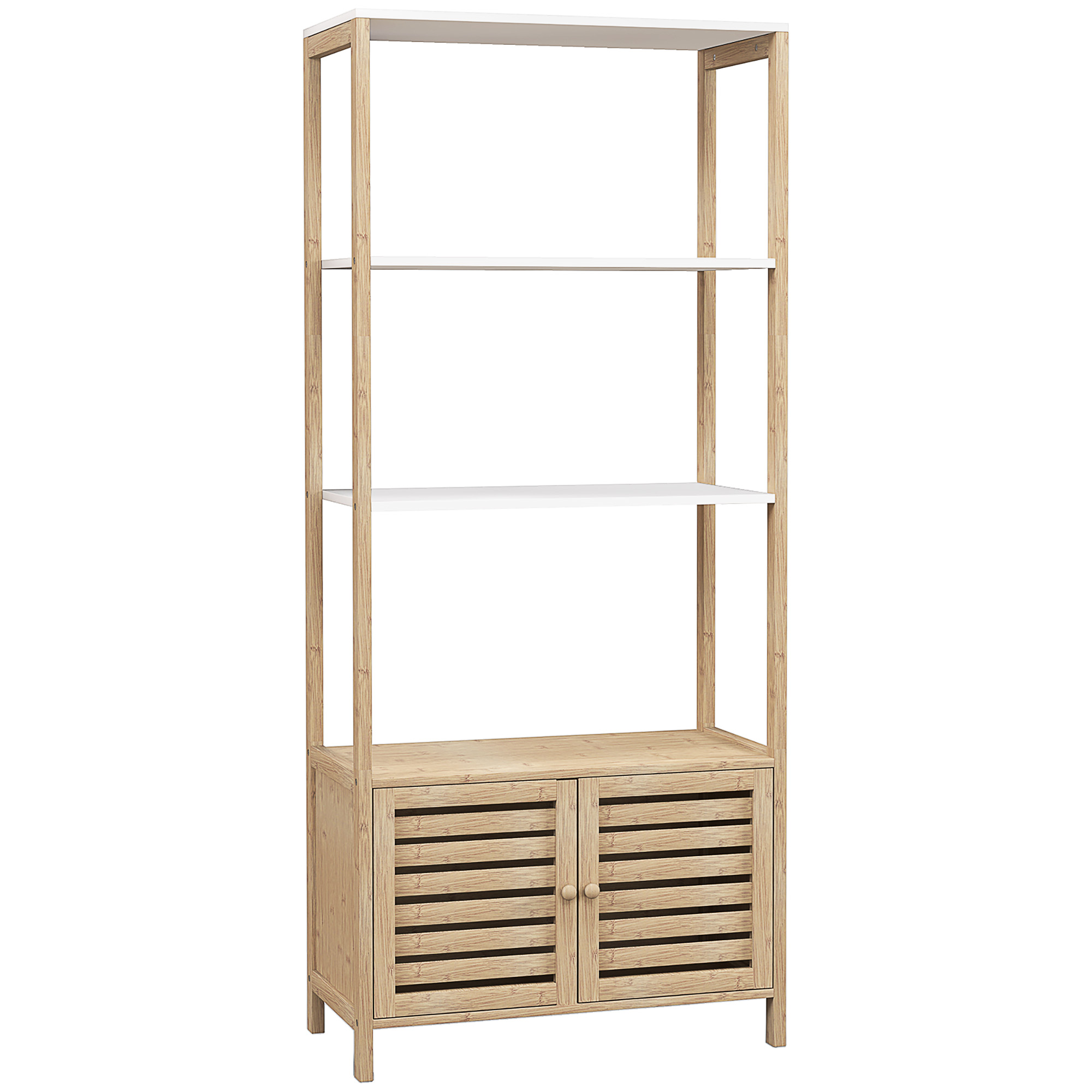 HOMCOM Estantería de Baño de Bambú con 3 Estantes Abiertos Puertas de Lamas 63x30x138 cm Natural y Blanco