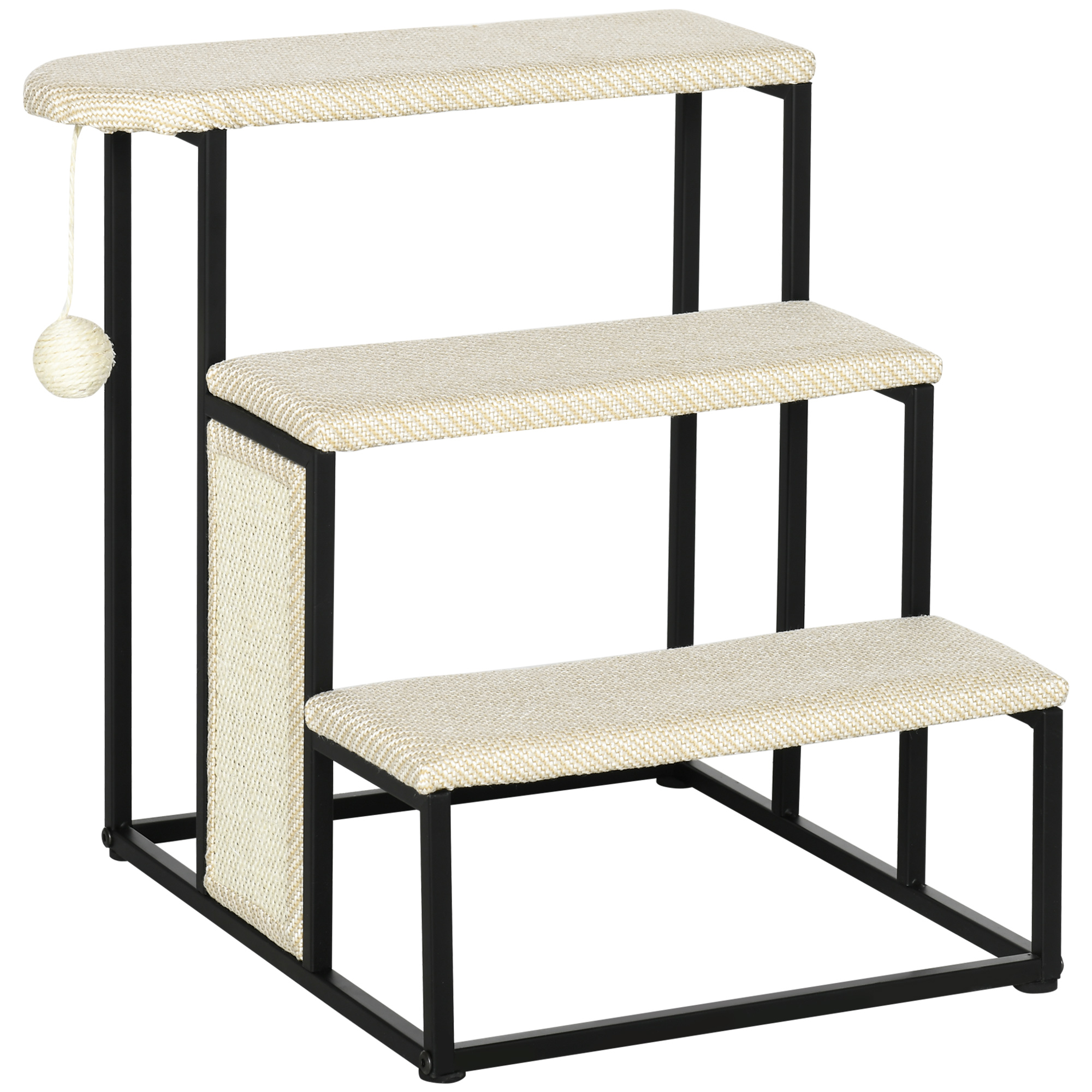 PawHut Escalera para Mascotas con 3 Escalones Bola Colgante Tablero de Rascar y Marco de Acero 47x45x47 cm Crema y Negro
