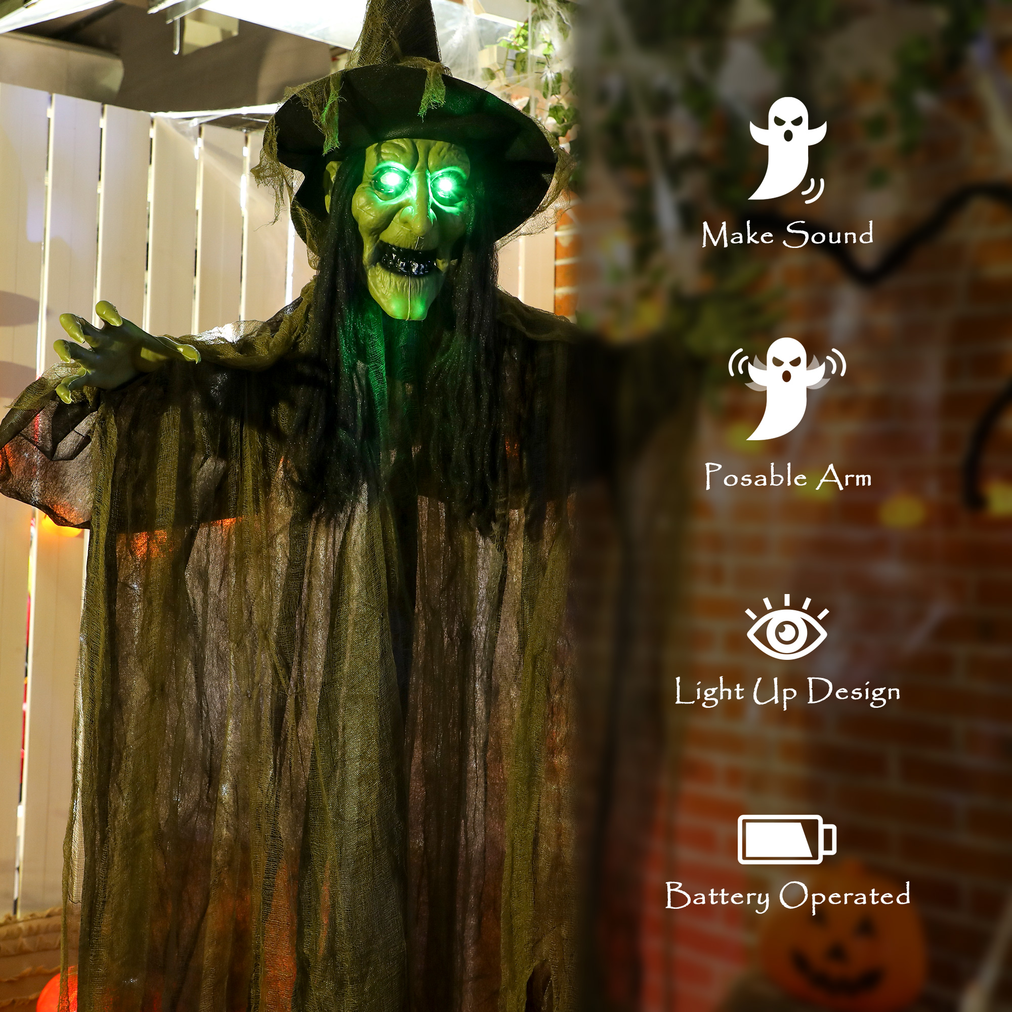 Outsunny 170 cm Life Size Hanging Halloween Animated Witch with Glowing LED Eyes, Spooky Witch Scary Halloween Decorations, Battery Operated, Indoor Party Props 6