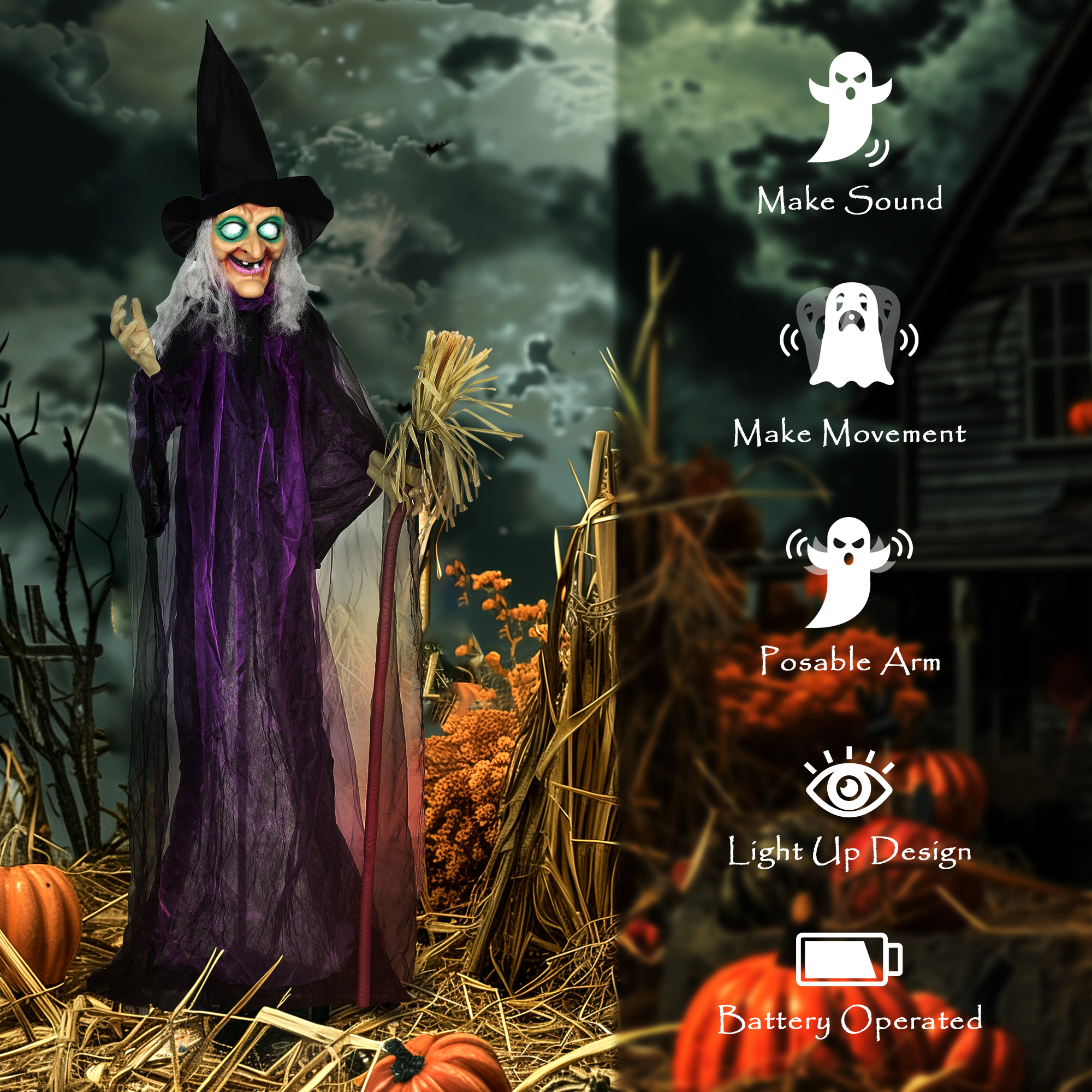 Outsunny 6ft Animated Witch Decoration, with Sound Purple/White 6