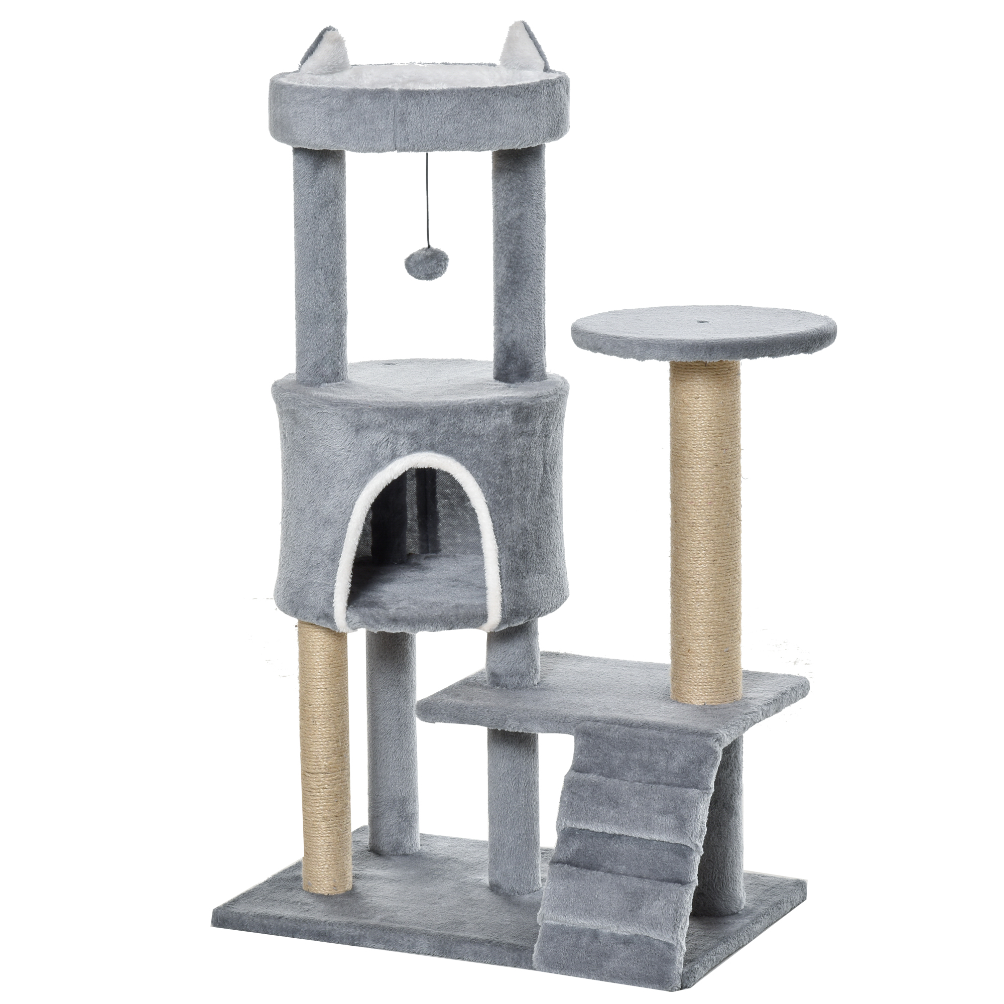 PawHut Cat Tree for Indoor Cats 95cm Climbing Tower Kitten Activity Center with Sisal Scratching Post Perch Roomy Condo Hammock Removable Felt Hanging Toy, Grey