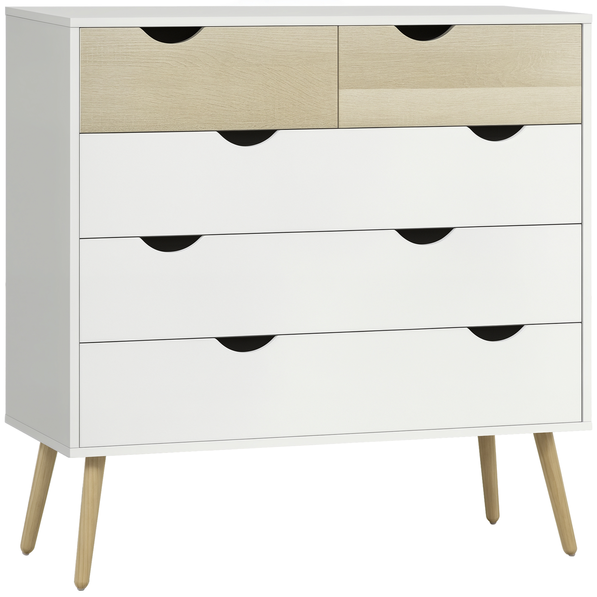 HOMCOM Commode 5 Tiroirs Style Scandinave, Rangement Blanc et Chêne Clair Élégant   Aosom France
