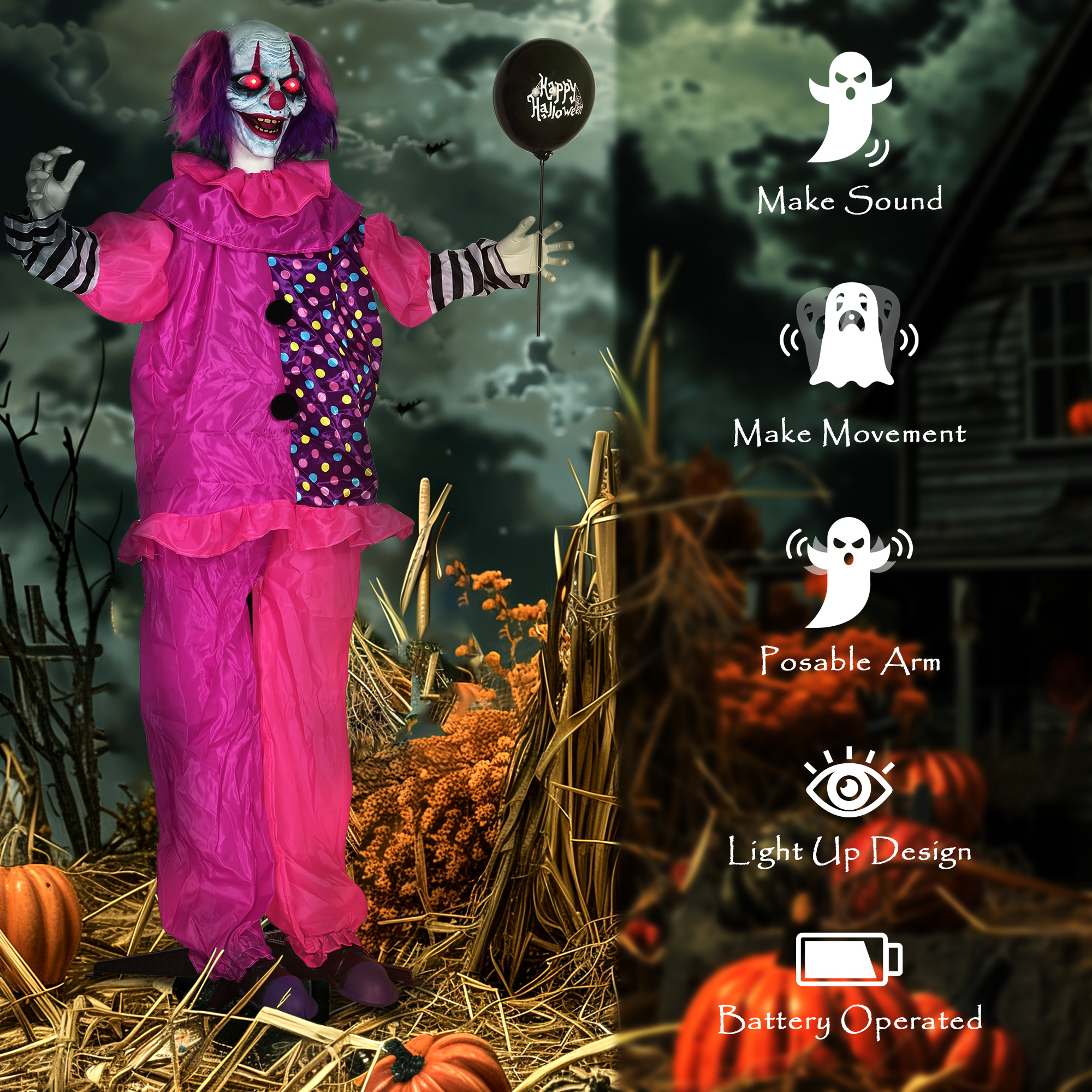 Outsunny 5′7″ Scary Animated Clown Decoration Pink/Purple 6