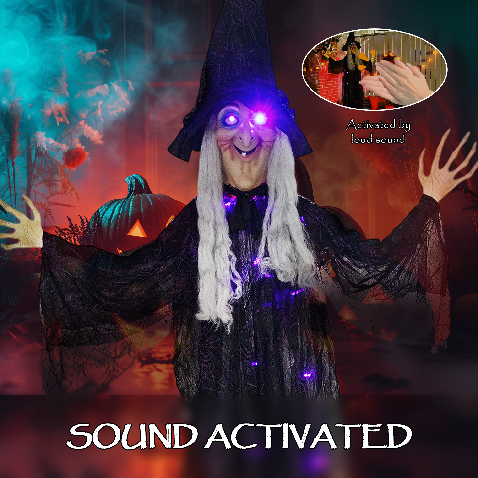Outsunny 183 cm Life Size Halloween Animated Hanging Witch with Glowing LED Eyes & Body, Spooky Witch Scary Halloween Decorations, Battery Operated, Indoor Party Props 6