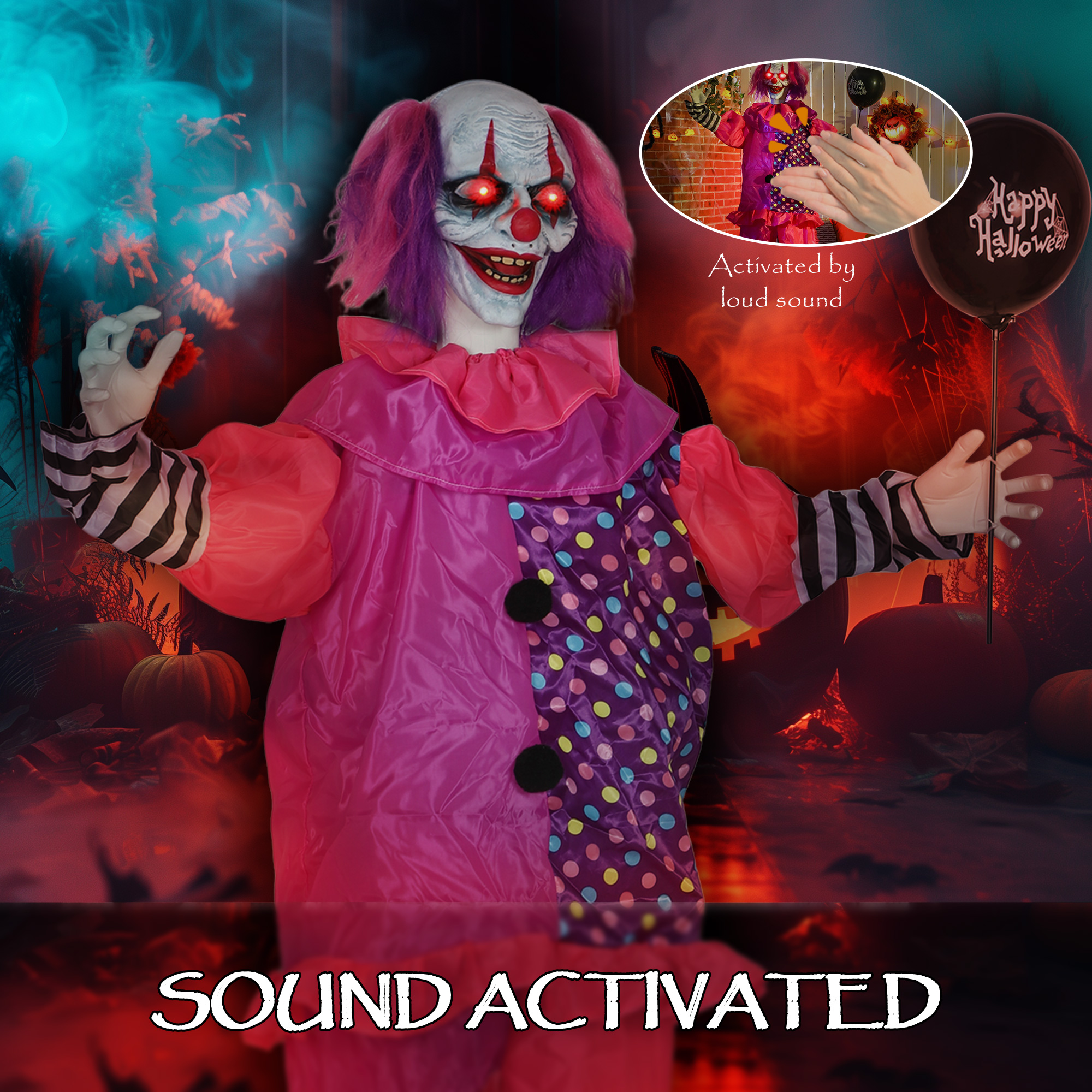 Outsunny 5′7″ Scary Animated Clown Decoration Pink/Purple 5