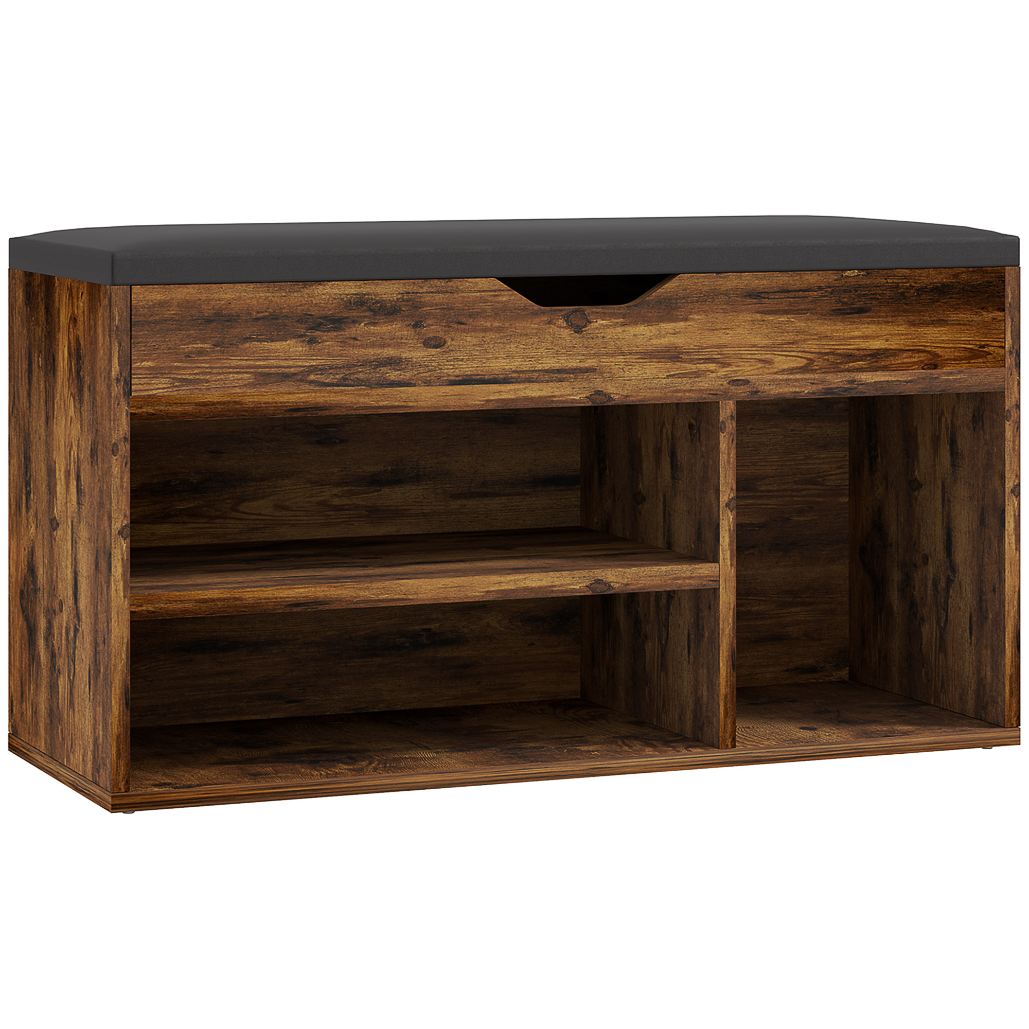 HOMCOM Mueble Zapatos Banco de Zapatos 2 Niveles de Almacenamiento, Nicho + Cofre integrado con Cojín Efecto madera de caoba