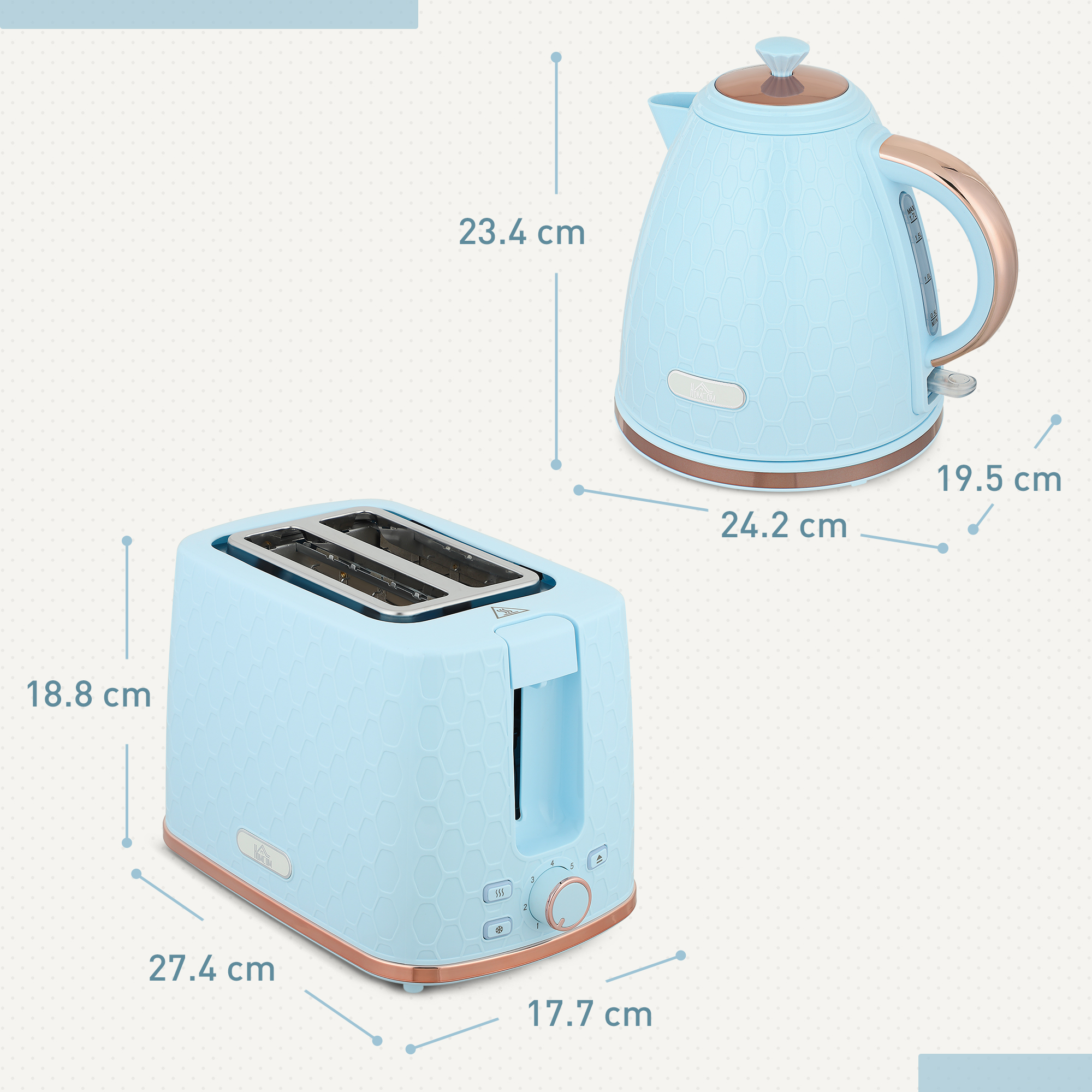 HOMCOM 1.7L 3000W Fast Boil Kettle & 2 Slice Toaster Set, Kettle and Toaster Set with Auto Shut Off, Browning Controls, Light Blue 3