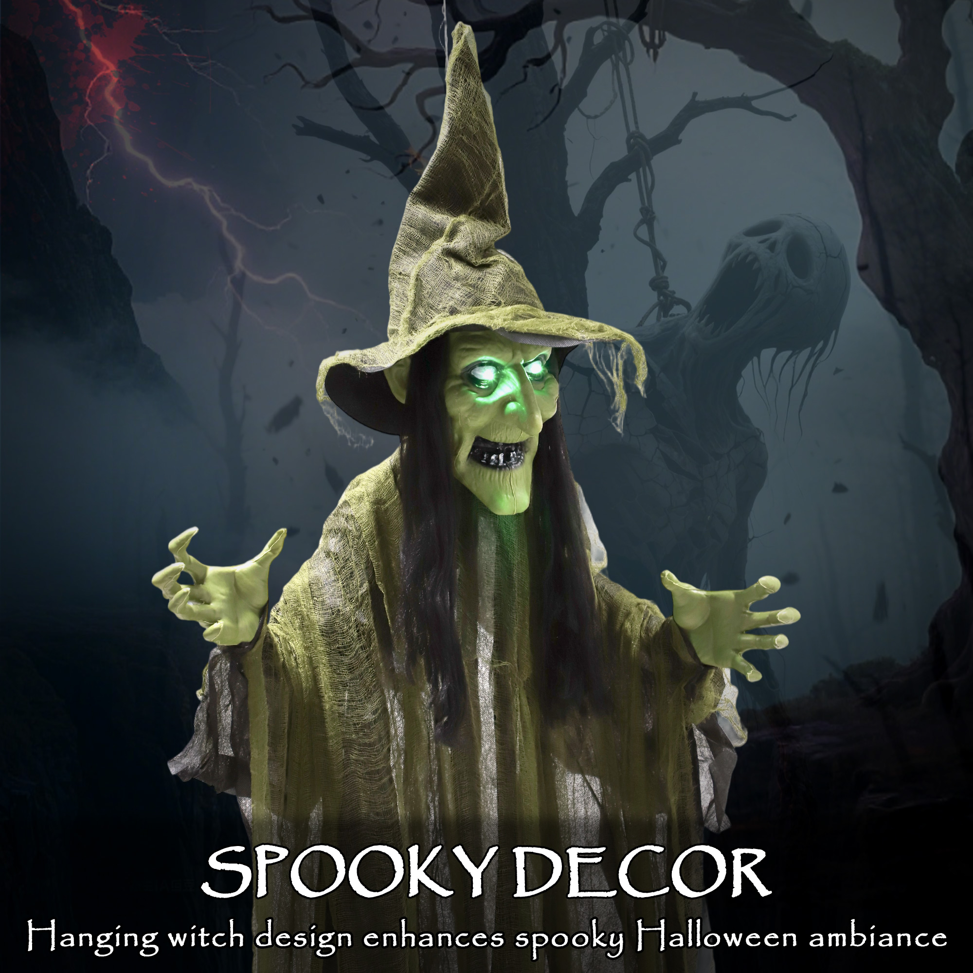 Outsunny 170 cm Life Size Hanging Halloween Animated Witch with Glowing LED Eyes, Spooky Witch Scary Halloween Decorations, Battery Operated, Indoor Party Props 4