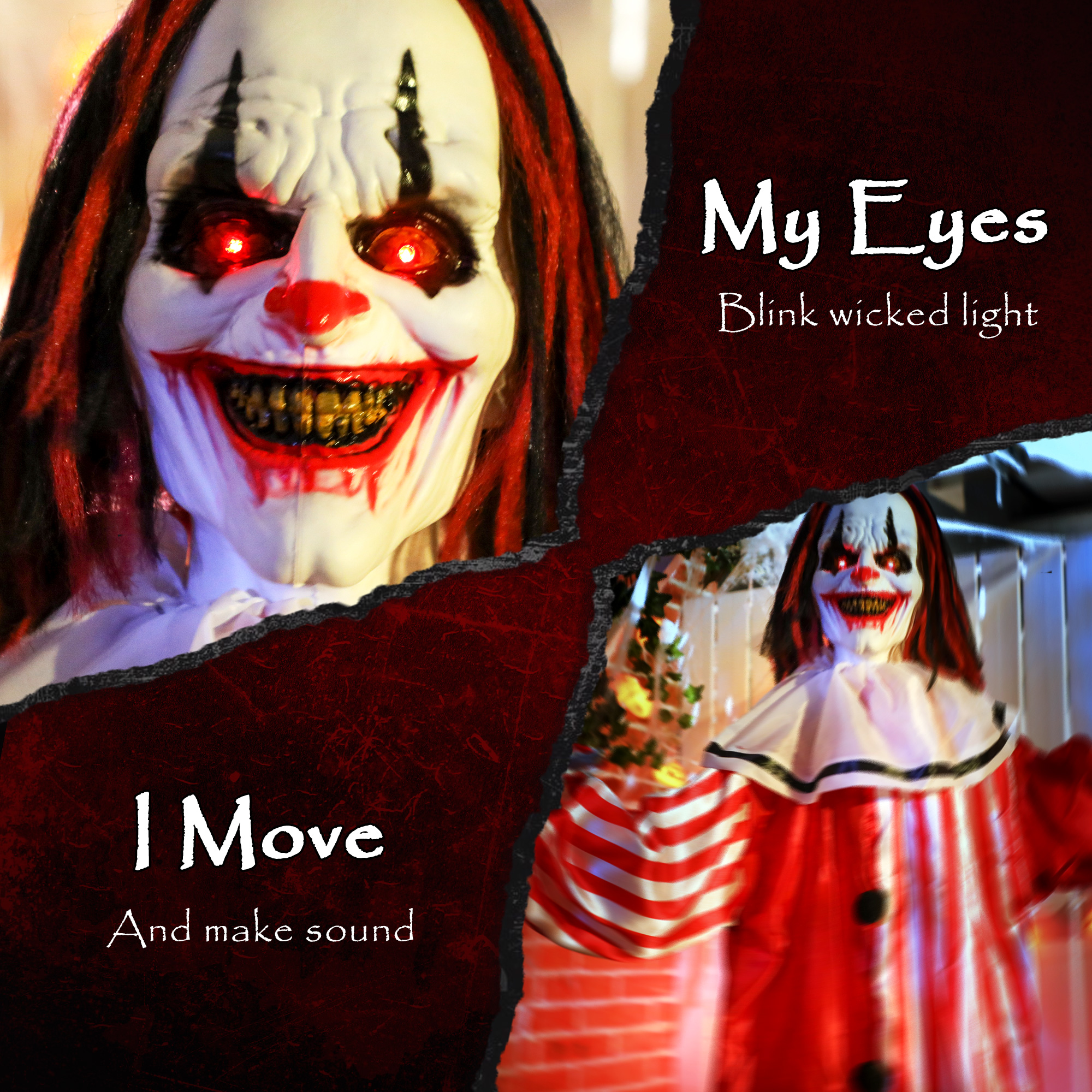 Outsunny 165 cm Life Size Halloween Animated Clown with Red Light Up Eyes, Sound Activated Moving Body, Scary Clown Halloween Decorations, Battery Operated, Indoor Party Props 4