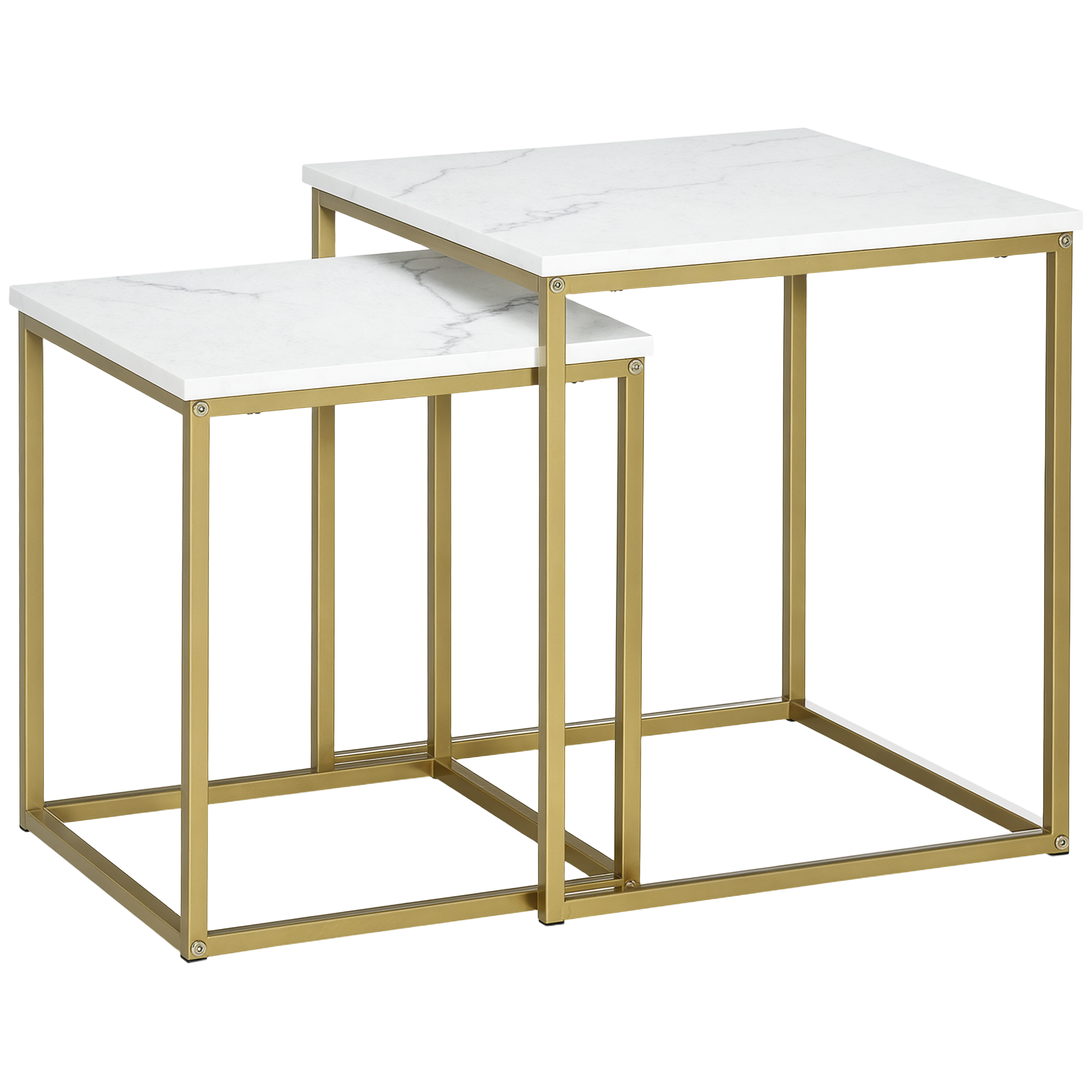 HOMCOM Tables gigognes, lot de 2, tables basses carrées, table d'appoint, armature en acier blanc or