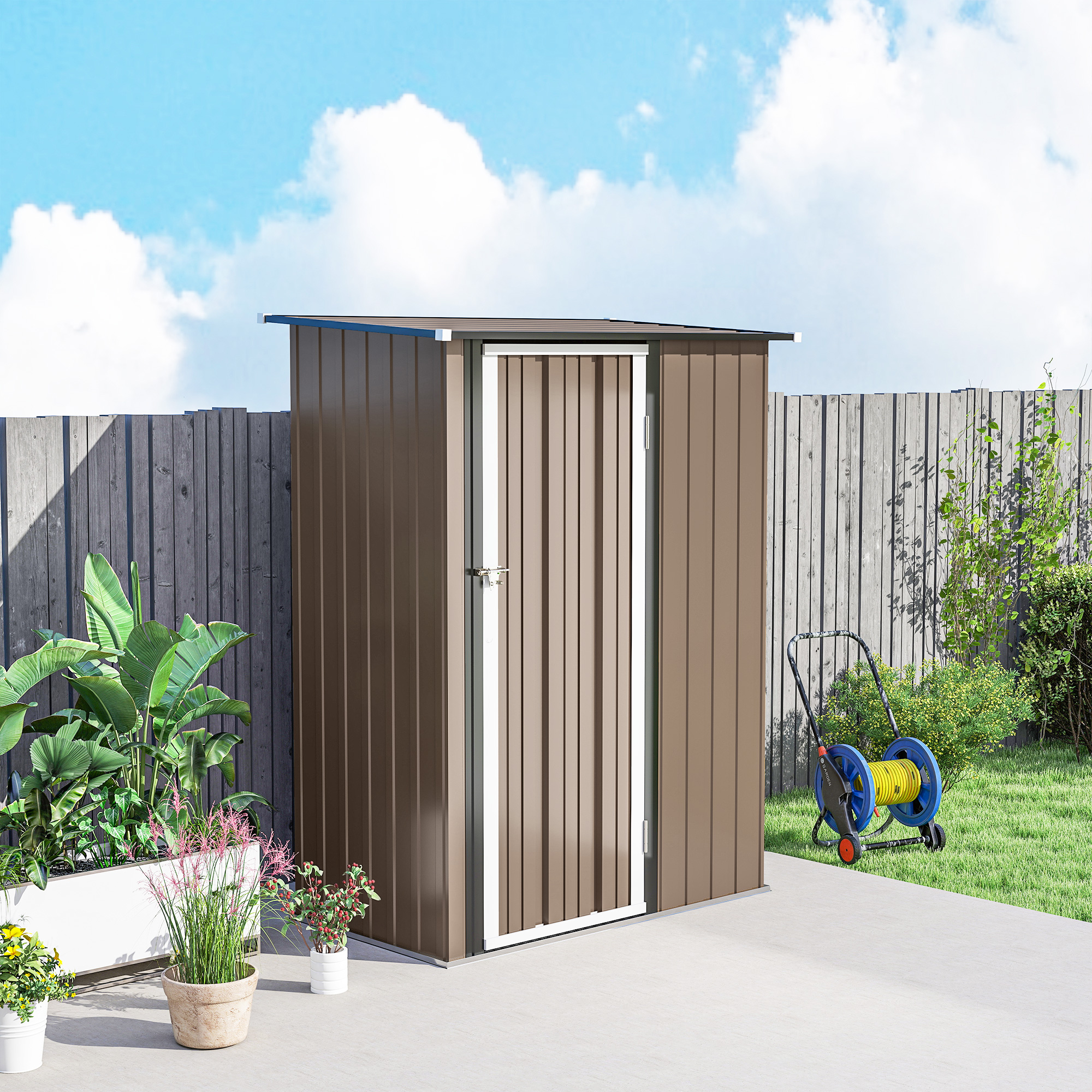 Outsunny 5ft x 3ft Garden Storage Shed, Outdoor Metal Shed with Sloped Roof, Lockable Door for Tools, Equipment, Brown 9