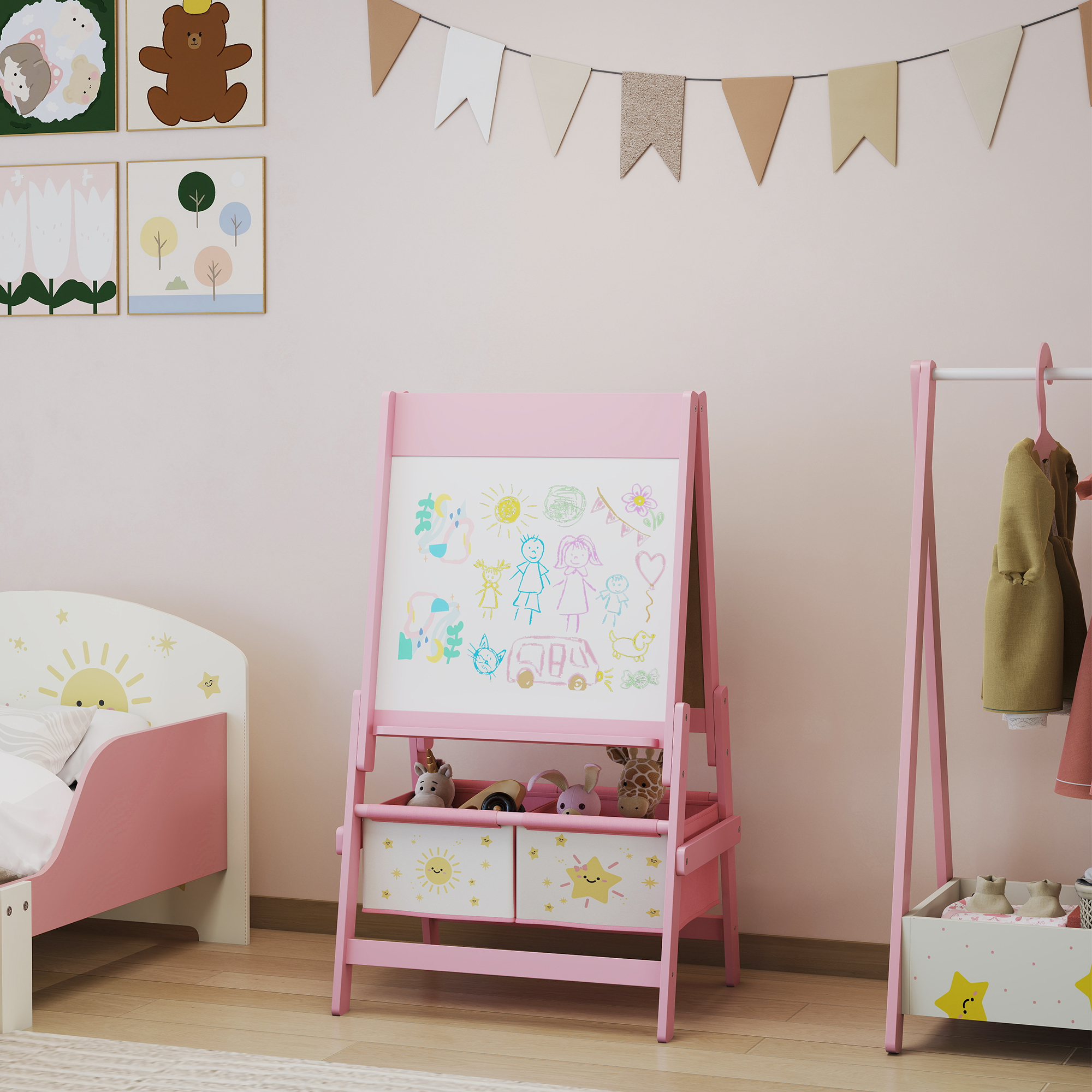 HOMCOM Pizarra Infantil Caballete 3 en 1 Caballete Infantil de Doble Soporte para Niños de 3 Años con Papel en Rollo y 2 Cestas de Almacenaje 58 ,5x50,5x118 cm Rosa