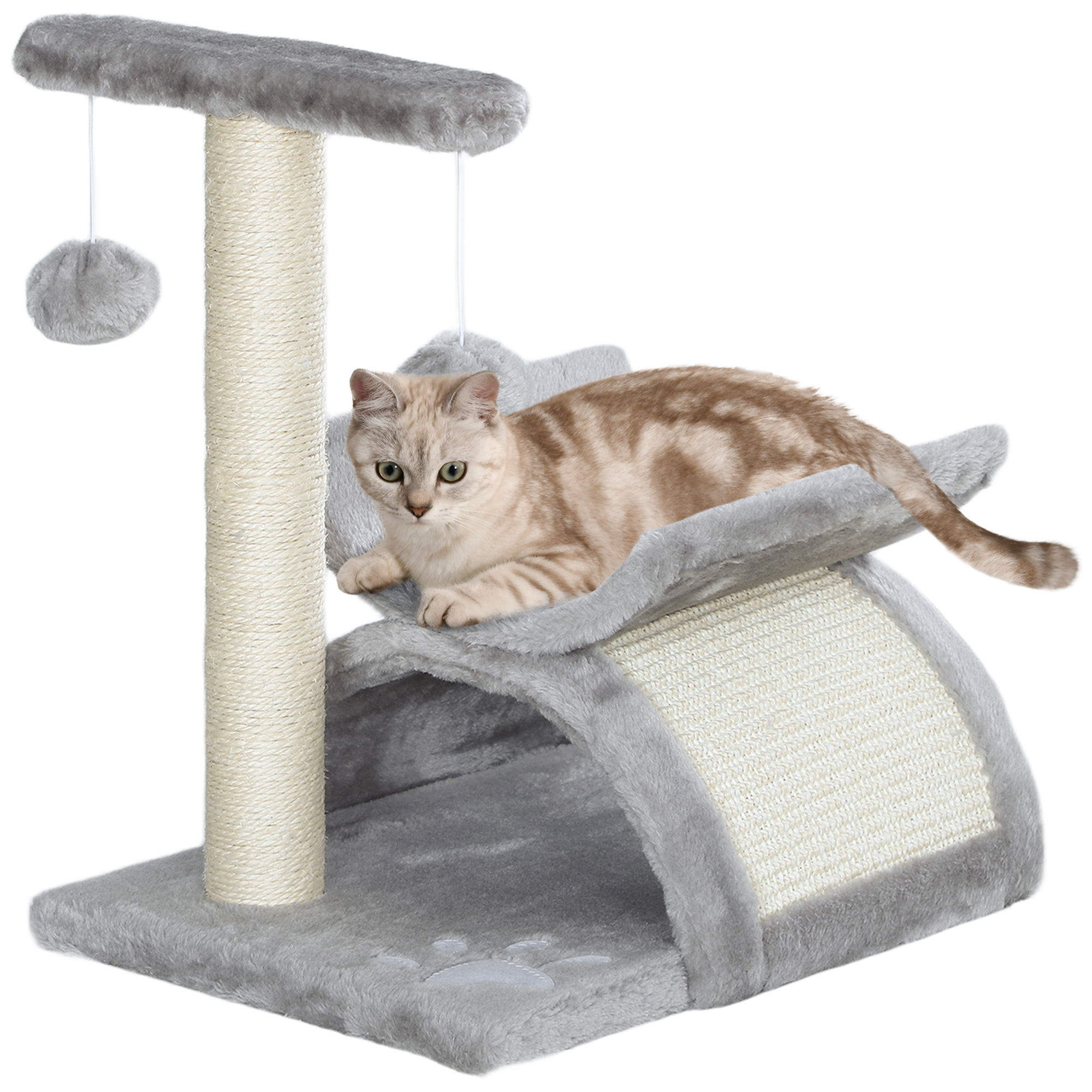 Image of PawHut Albero Tiragraffi per Gatti in Peluche con Palo in Sisal, Cuccia e 2 Palline, 40x30x43cm, Grigio Aosom006