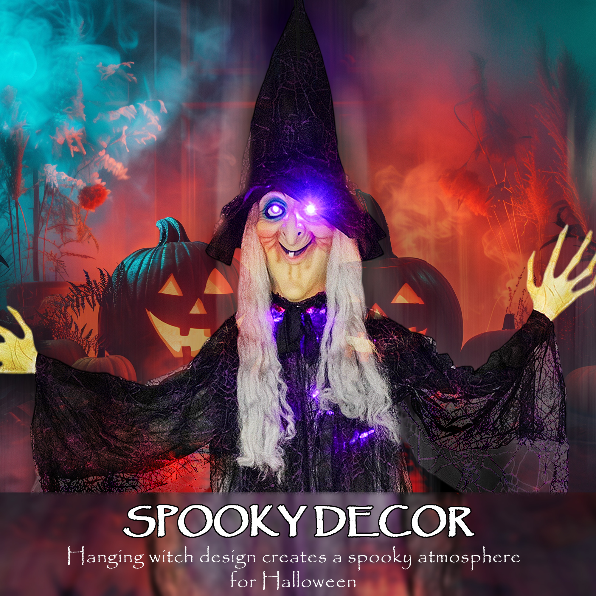 Outsunny 183 cm Life Size Halloween Animated Hanging Witch with Glowing LED Eyes & Body, Spooky Witch Scary Halloween Decorations, Battery Operated, Indoor Party Props 4