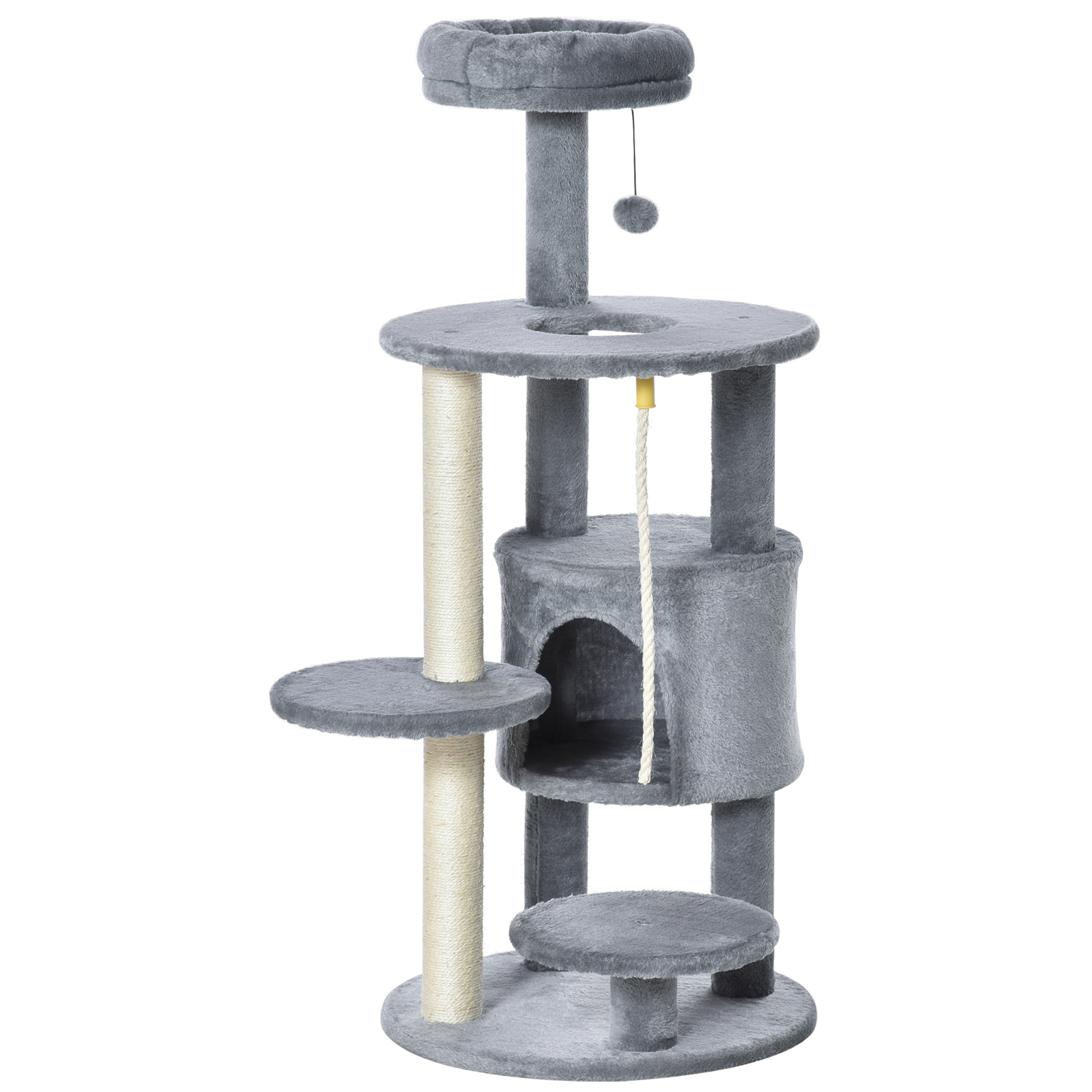 PawHut Cat Tree Tower for Indoor Cats 120cm Climbing Kitten Activity Center with Jute Scratching Post Perch Hanging Ball Hammock Teasing Rope Condo Toy Light Grey