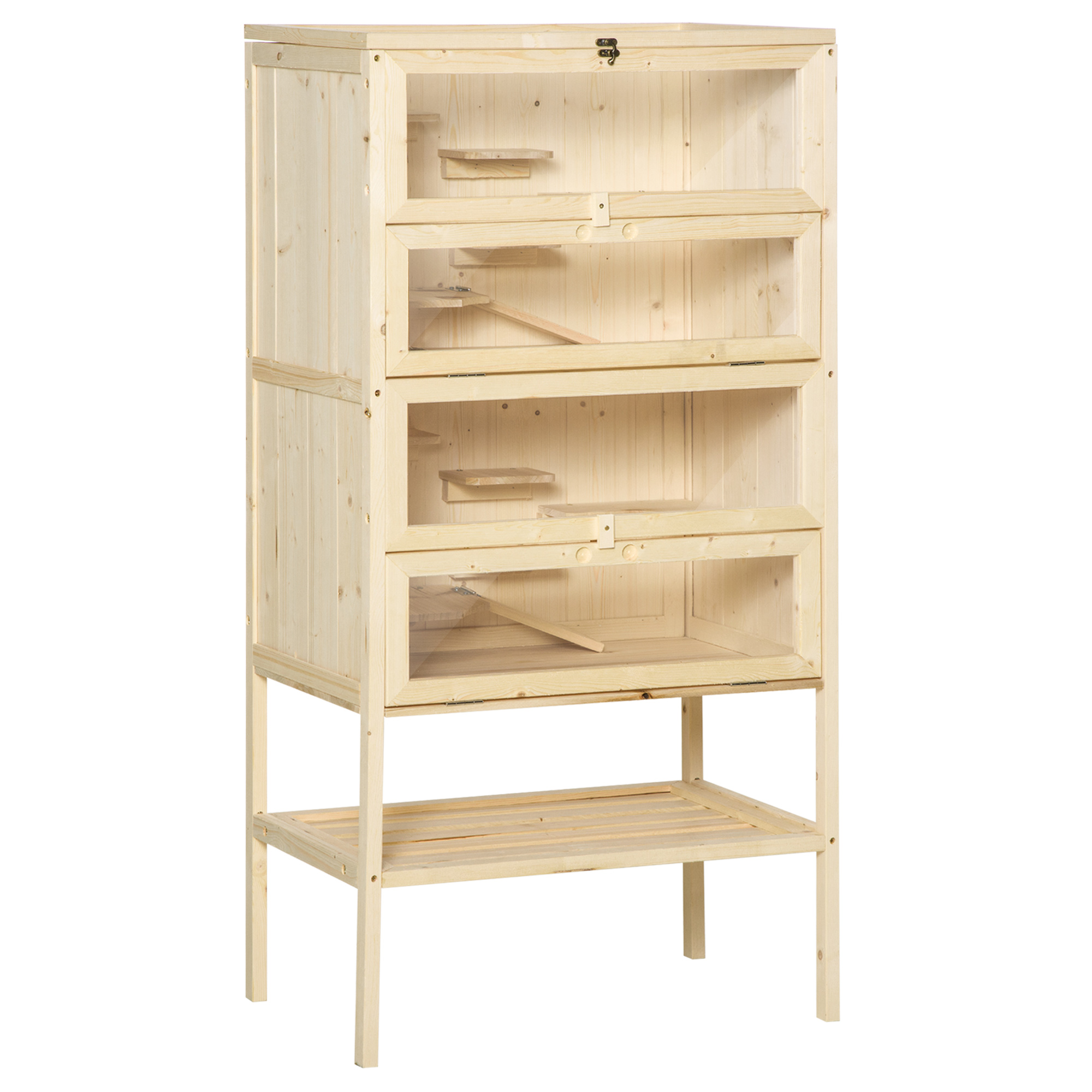 PawHut 3 Tier Wooden Large Hamster Cage with Sliding Tray, Seesaws, Water Bottle, Natural