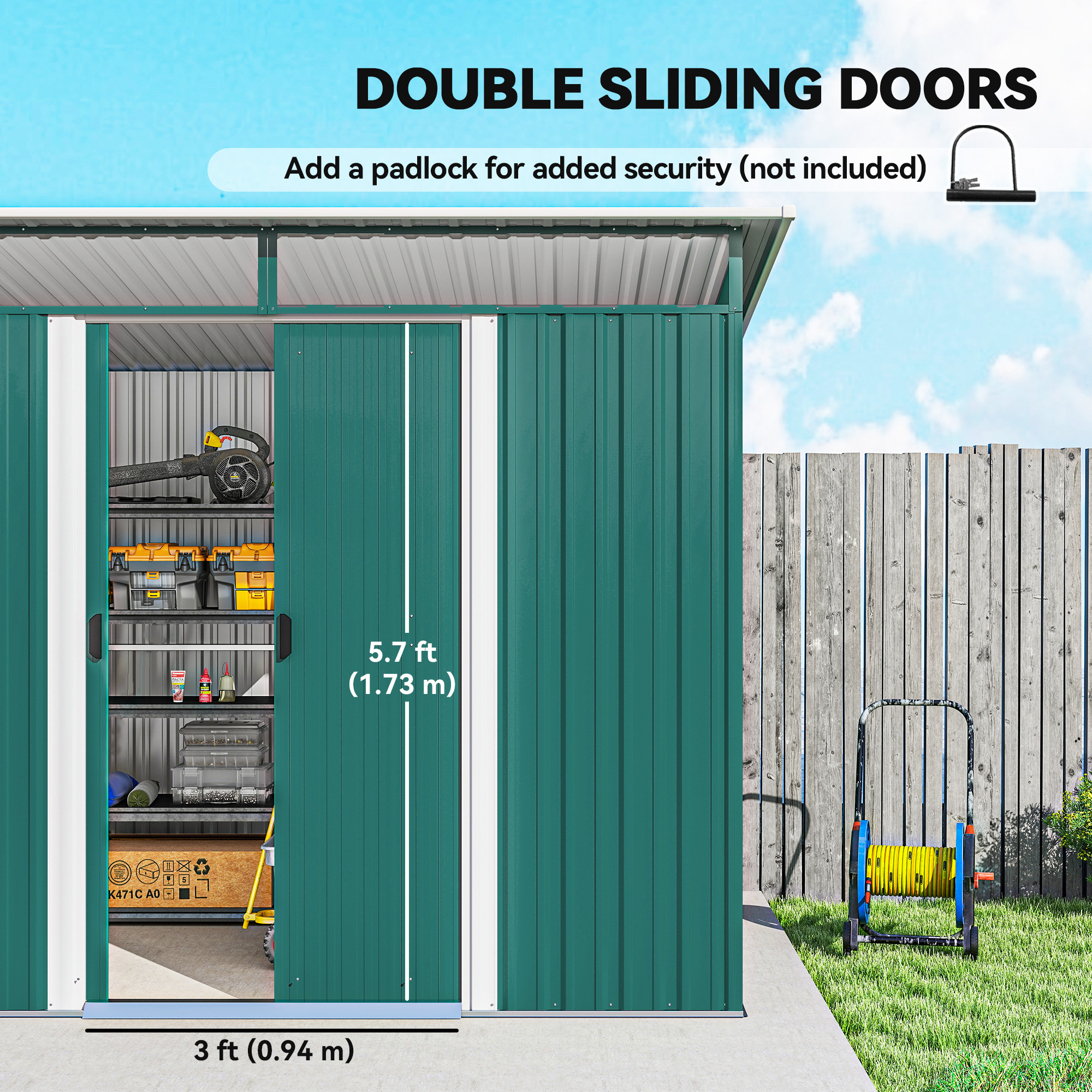 Outsunny 8.5 x 6ft Metal Shed with Lightsky Panels, Garden Storage Tool House with Double Doors for Garden, Patio and Lawn, Green 5