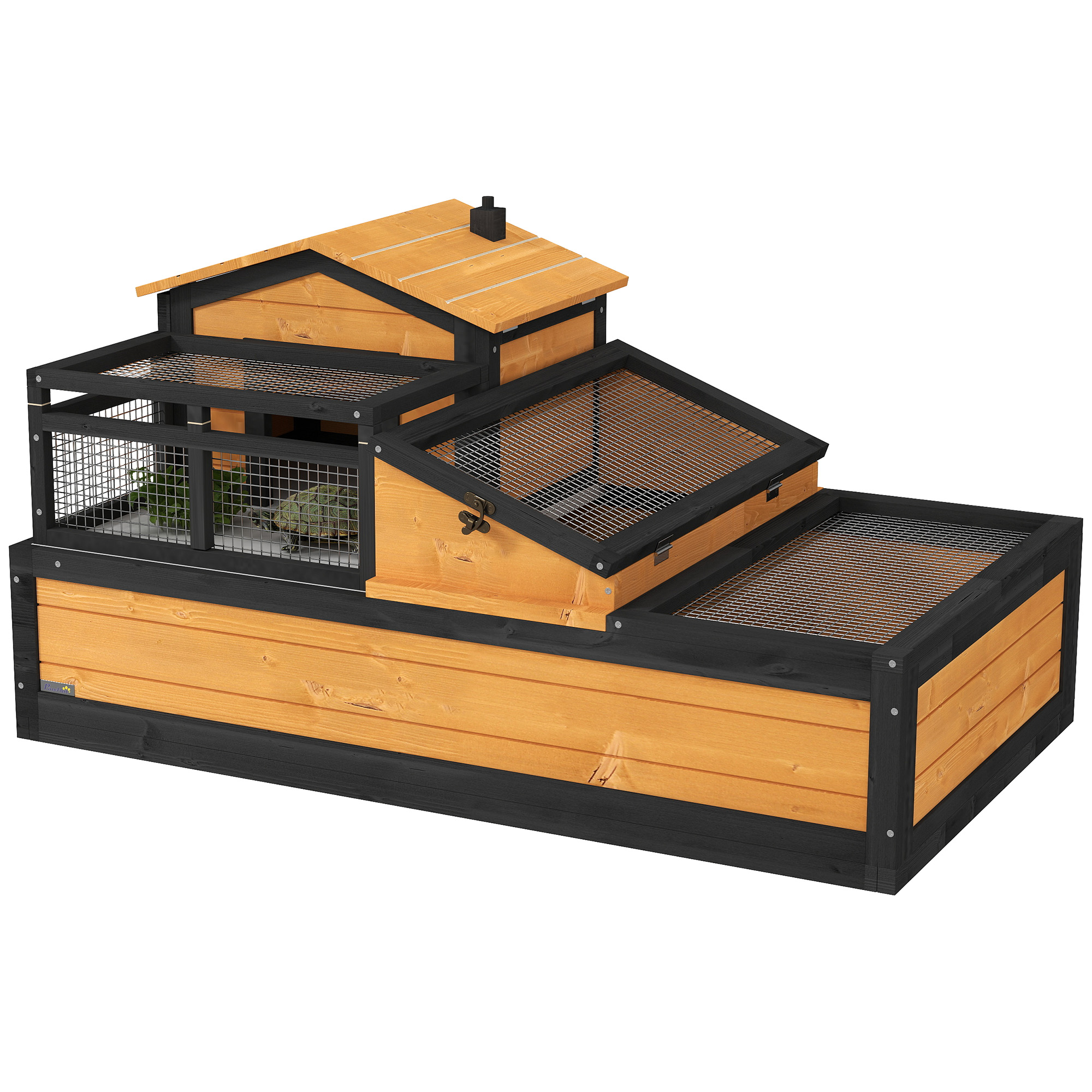Image of PawHut Casa per Tartarughe, 2 Livelli, per Interni ed Esterni, con Cassetto, Legno di Pino, Giallo Aosom Italy cod005
