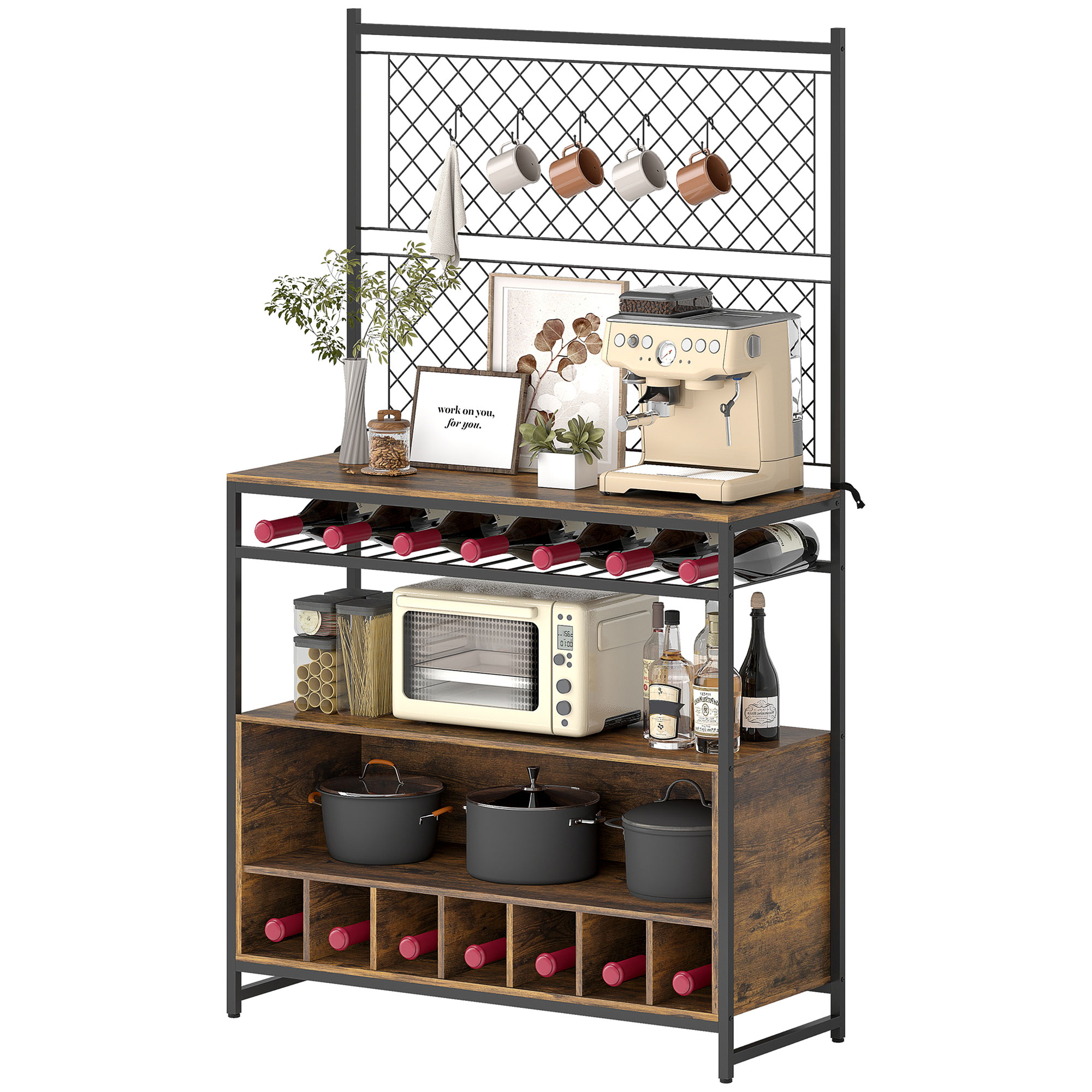 HOMCOM Étagère de Cuisine avec Plan de Travail, Panneaux en Treillis Métallique, 5 Crochets, Armoire de Cuisine pour Épices, Casseroles, Poêles, Marron