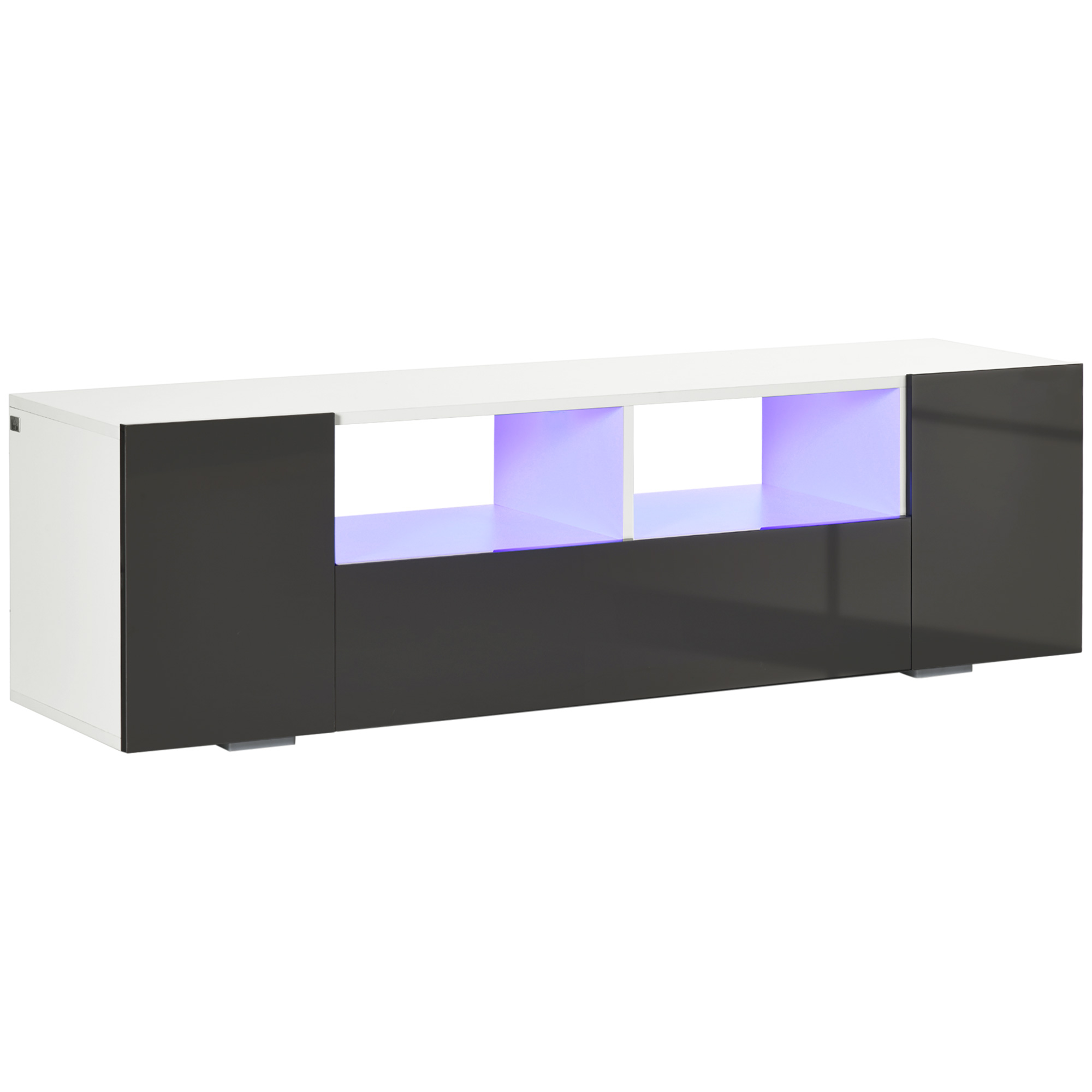 160 * 35 * 60cm armoire TV haute brillance avec éclairage LED, 3 compartiments ouverts, 2 portes, 2 tiroirs, contrôle intelligent - Maison