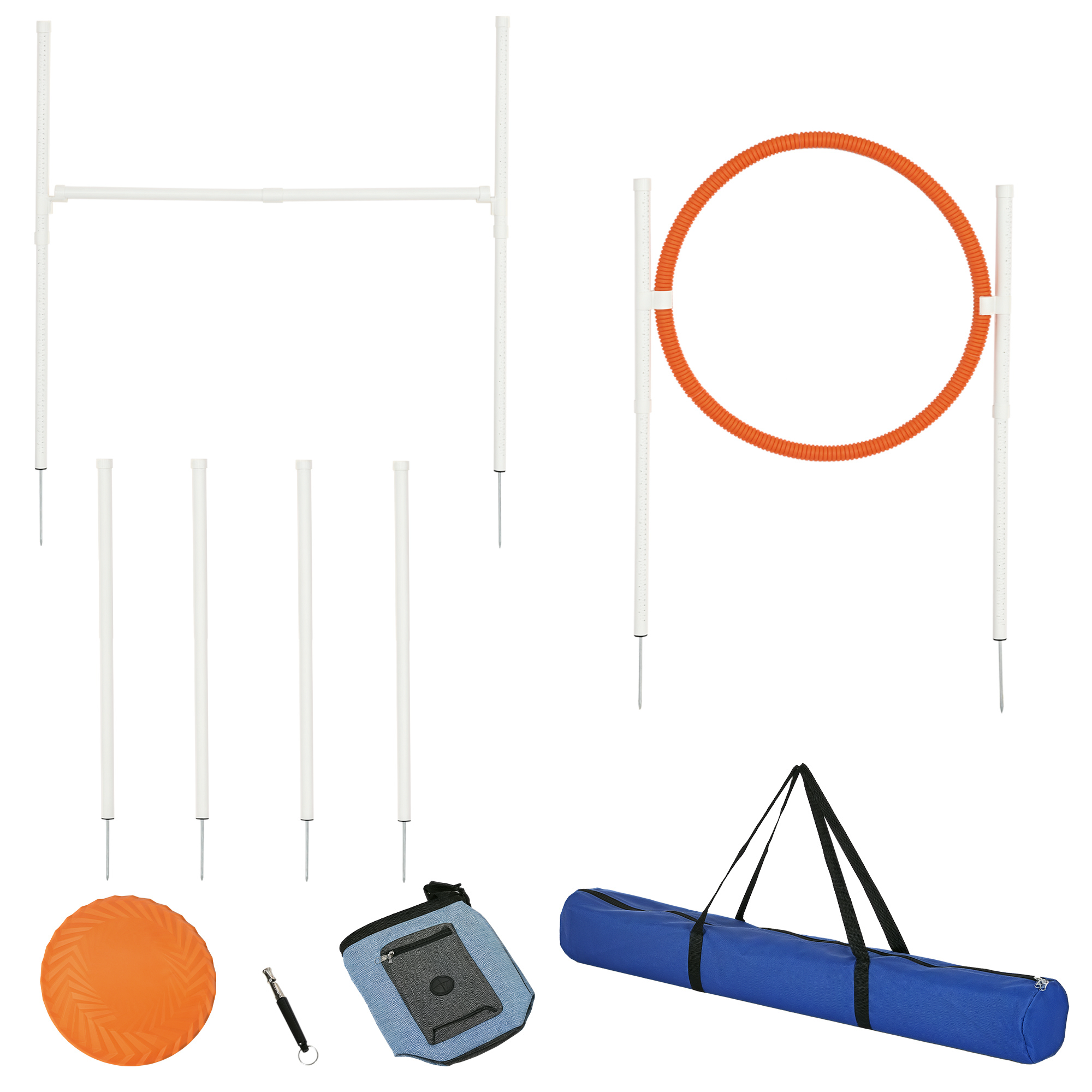PawHut Agility Set Hunde, 5er-Set Hundetraining mit Höhenverstellbaren Agilityhürde, Futterbeutel, Sprungring, Slalom-Stangen, Steckhürdenset inklusive Pfeife, Tragetasche Aosom