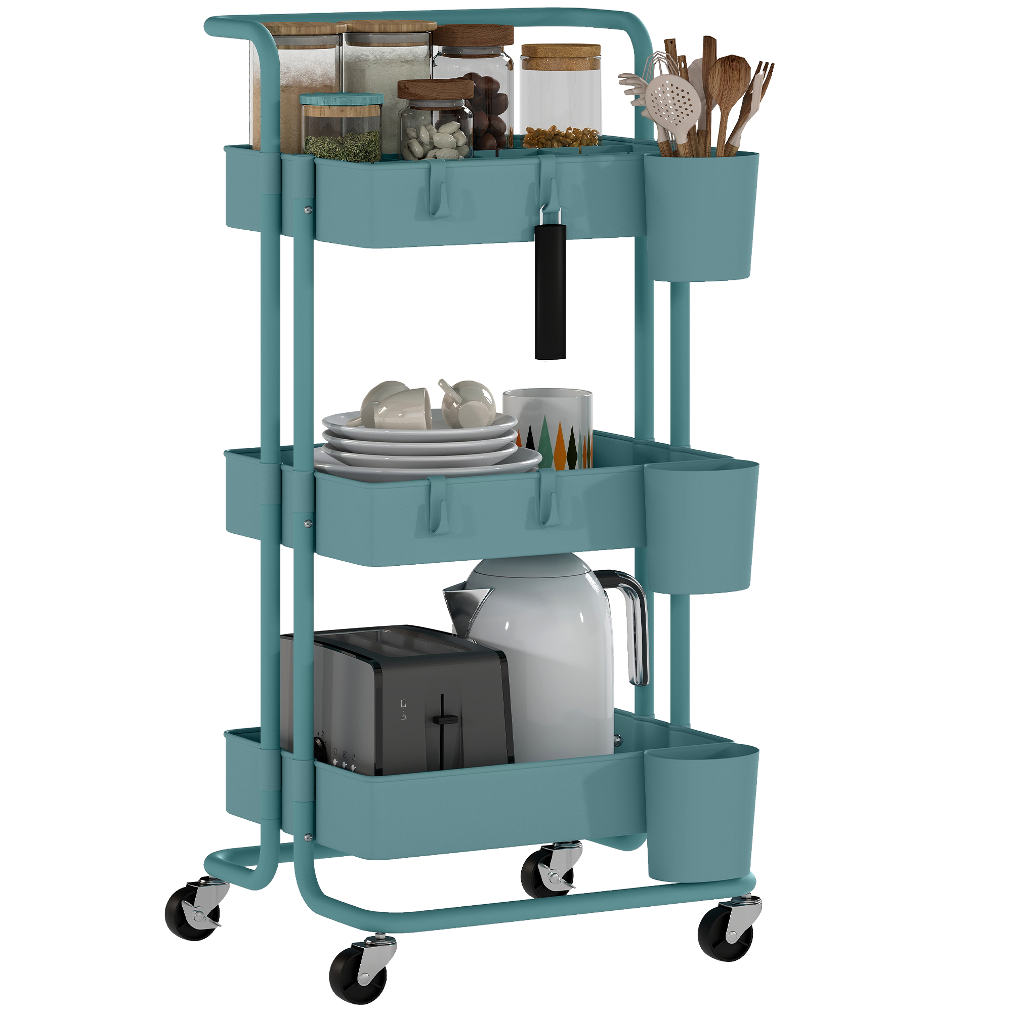 HOMCOM Carrello da Cucina a 3 Livelli con Maniglie e 4 Rotelle, in Acciaio, 42x38x86.5 cm, Verde Azzurro   Aosom Italy