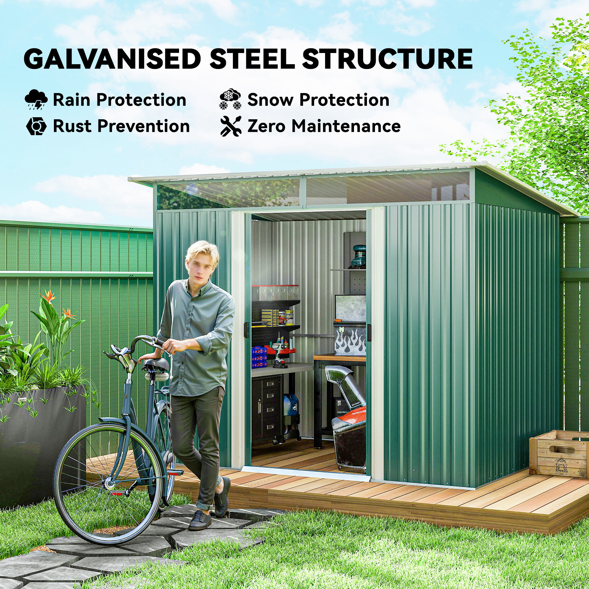 Outsunny 8.5 x 6ft Metal Shed with Lightsky Panels, Garden Storage Tool House with Double Doors for Garden, Patio and Lawn, Green 4