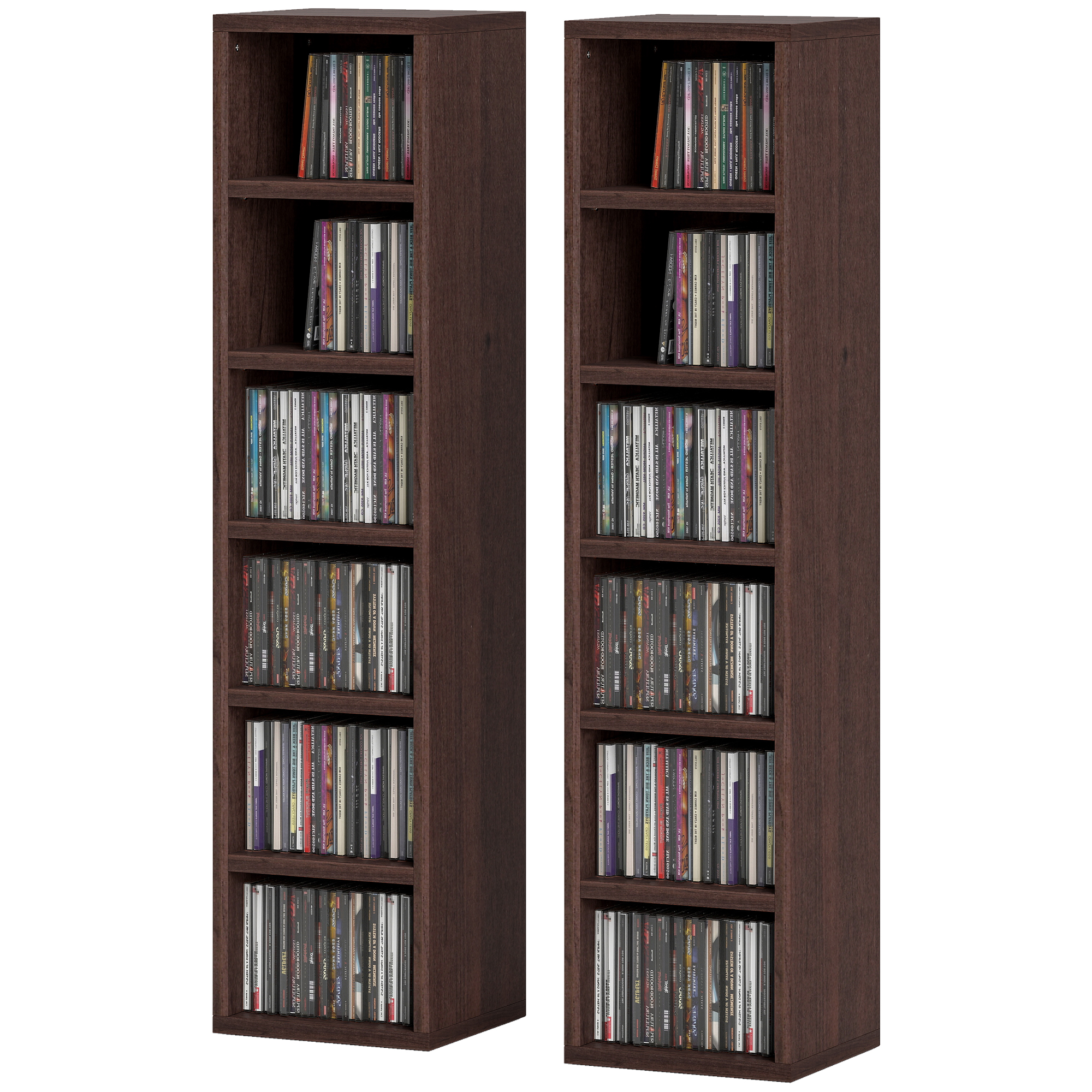 HOMCOM Set von 2 CD-DVD-Speicherschränken mit 6 + 6 Fächern 21 x 19,2 x 88,3 cm maximale Kapazität 160 CDs braune Holzoptik   Aosom – HOMCOM