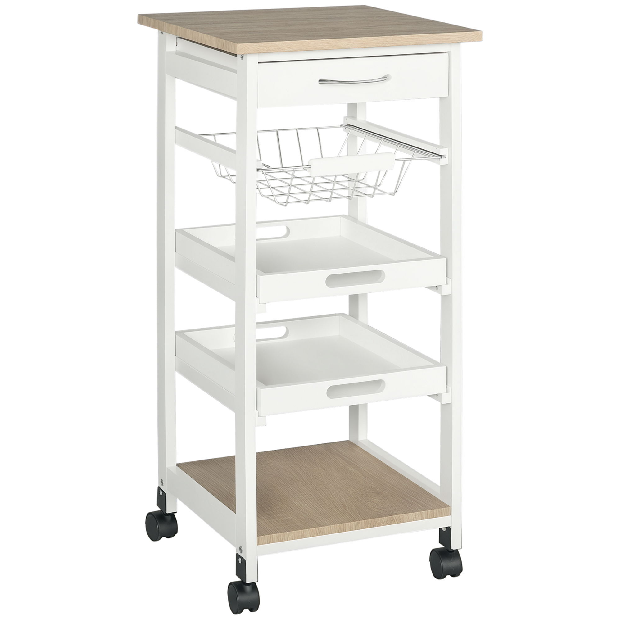 HOMCOM Chariot de service desserte de cuisine à roulettes panier + 2 plateaux amovibles, tiroir, étagère MDF chêne clair bois pin blanc HOMCOM Chariot de service desserte de cuisine à roulettes panier + 2 plateaux amovibles, tiroir, étagère MDF chêne clair bois pin blanc