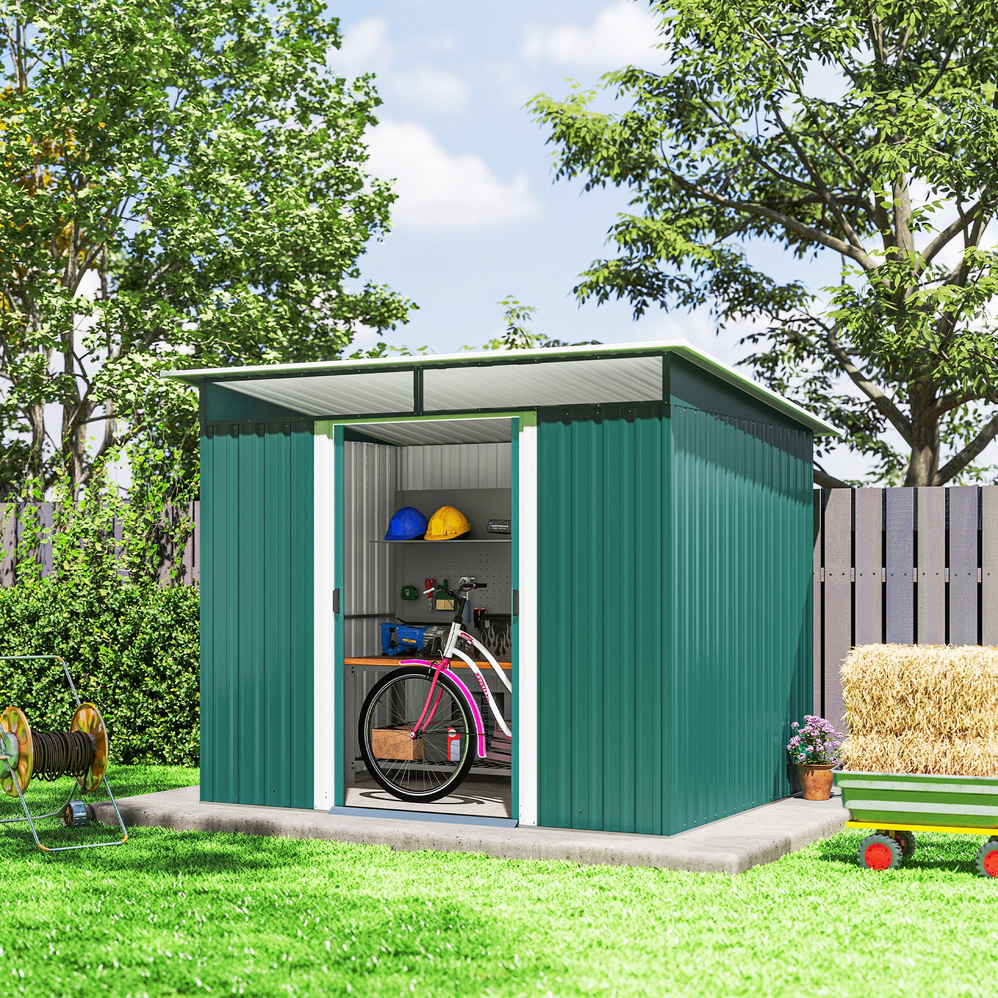 Outsunny 8.5 x 6ft Metal Shed with Lightsky Panels, Garden Storage Tool House with Double Doors for Garden, Patio and Lawn, Green 7