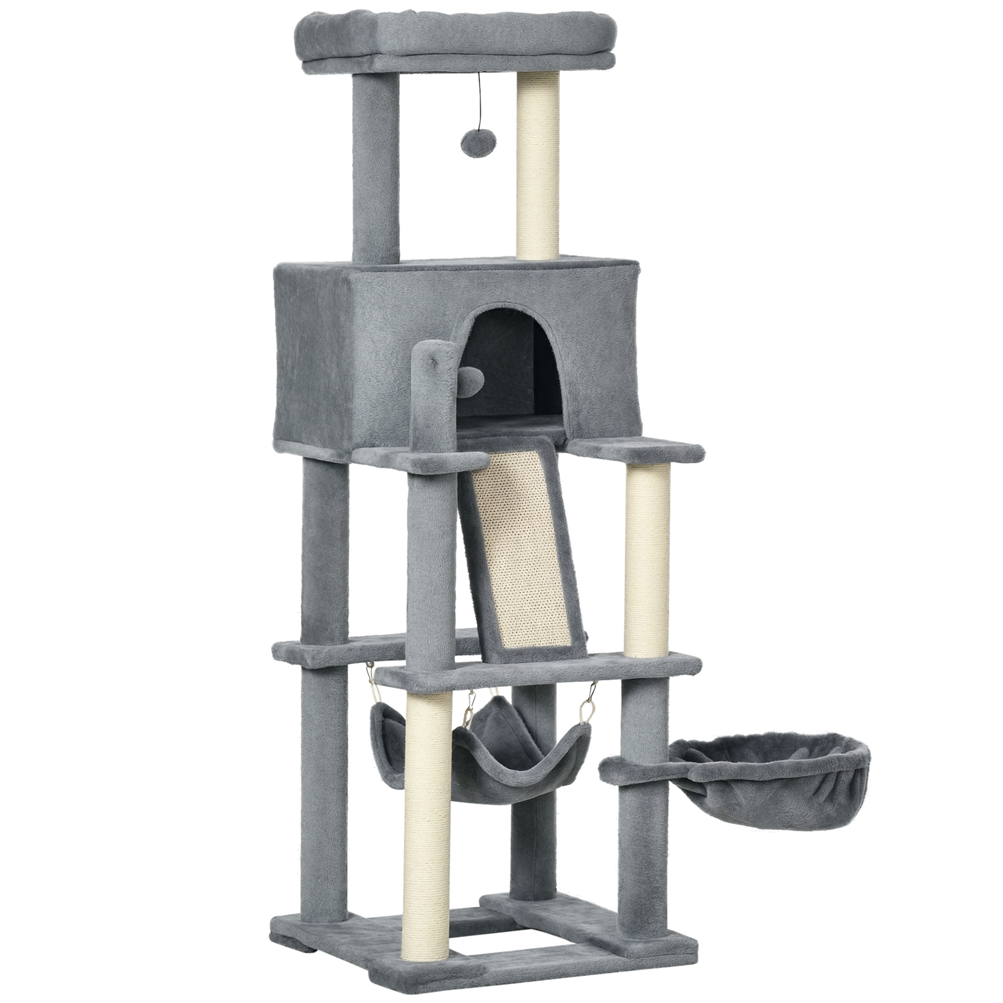 Image of PawHut Albero Tiragraffi per Gatti con Pali in Sisal, Casetta, Lettino e Amache, 48x48x140cm, Grigio Aosom006