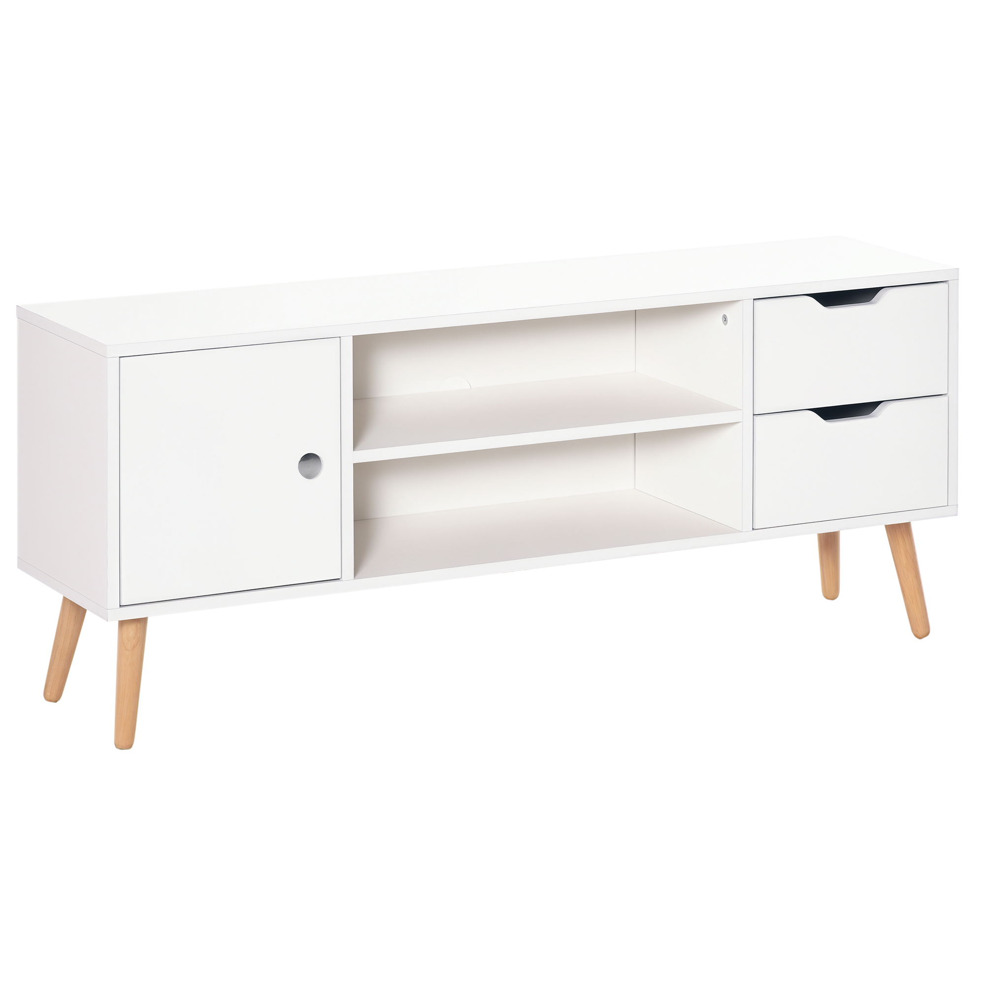 HOMCOM Meuble TV banc TV style scandinave placard 2 niches 2 tiroirs passe-fils panneaux particules blanc bois pin