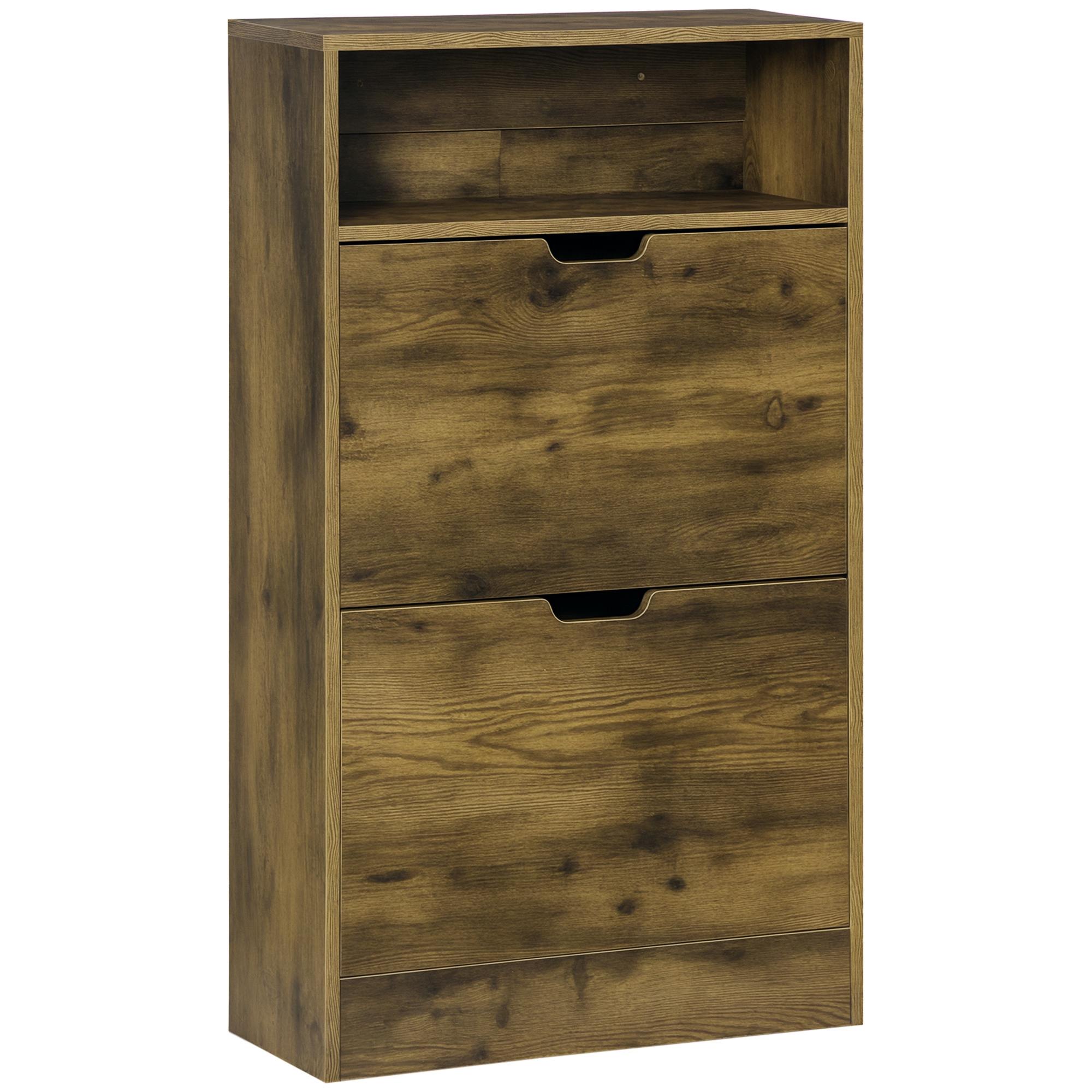 HOMCOM Slim Shoe Cabinet with 2 Flip Doors, 2-Drawer Storage Cupboard, Adjustable Divider, Rustic Brown   Aosom UK