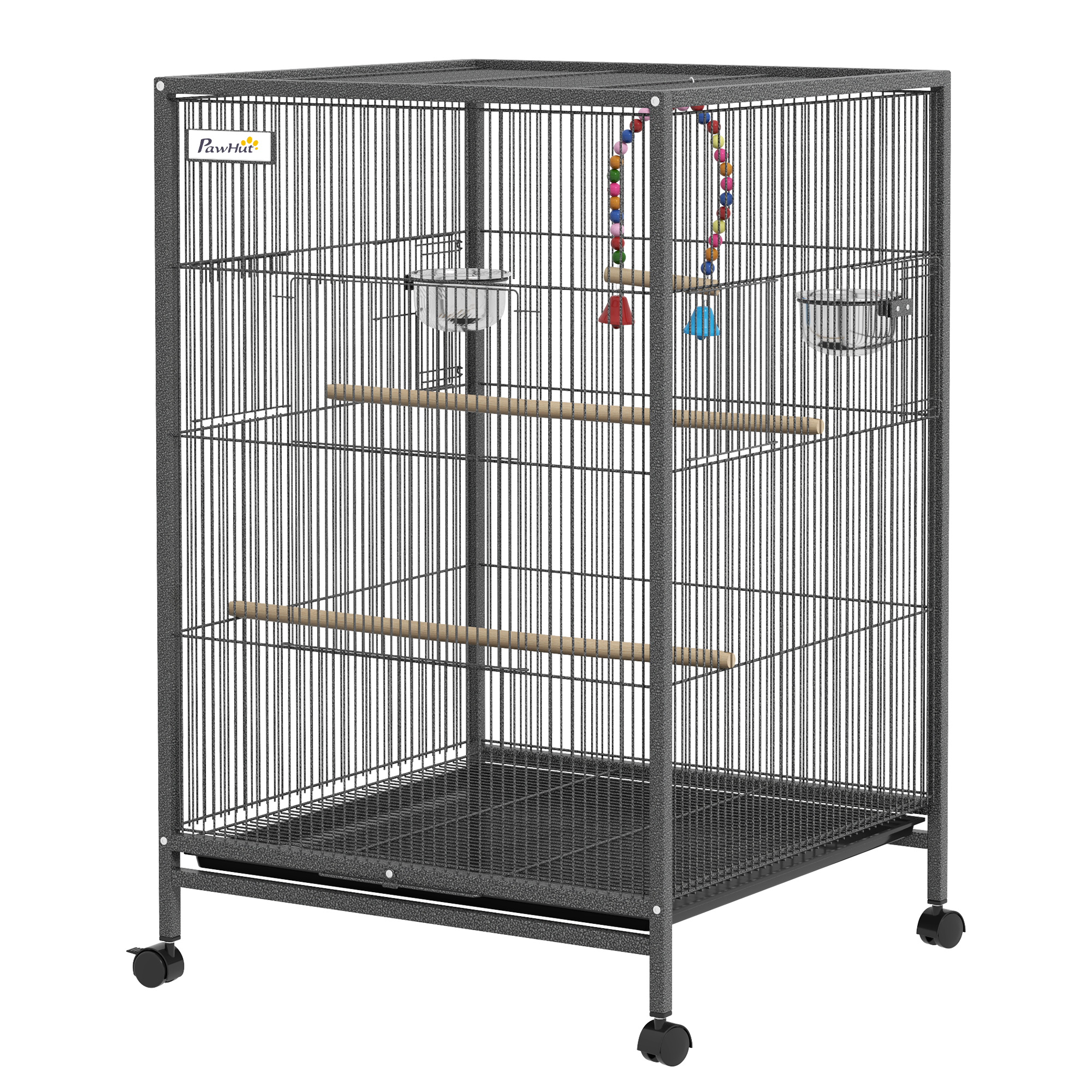 Comparer les prix de PawHut Cage oiseau sur pied cage sur roulettes avec balançoire, perchoirs et plateau coulissant 48 x 46 x 74 cm en acier noir