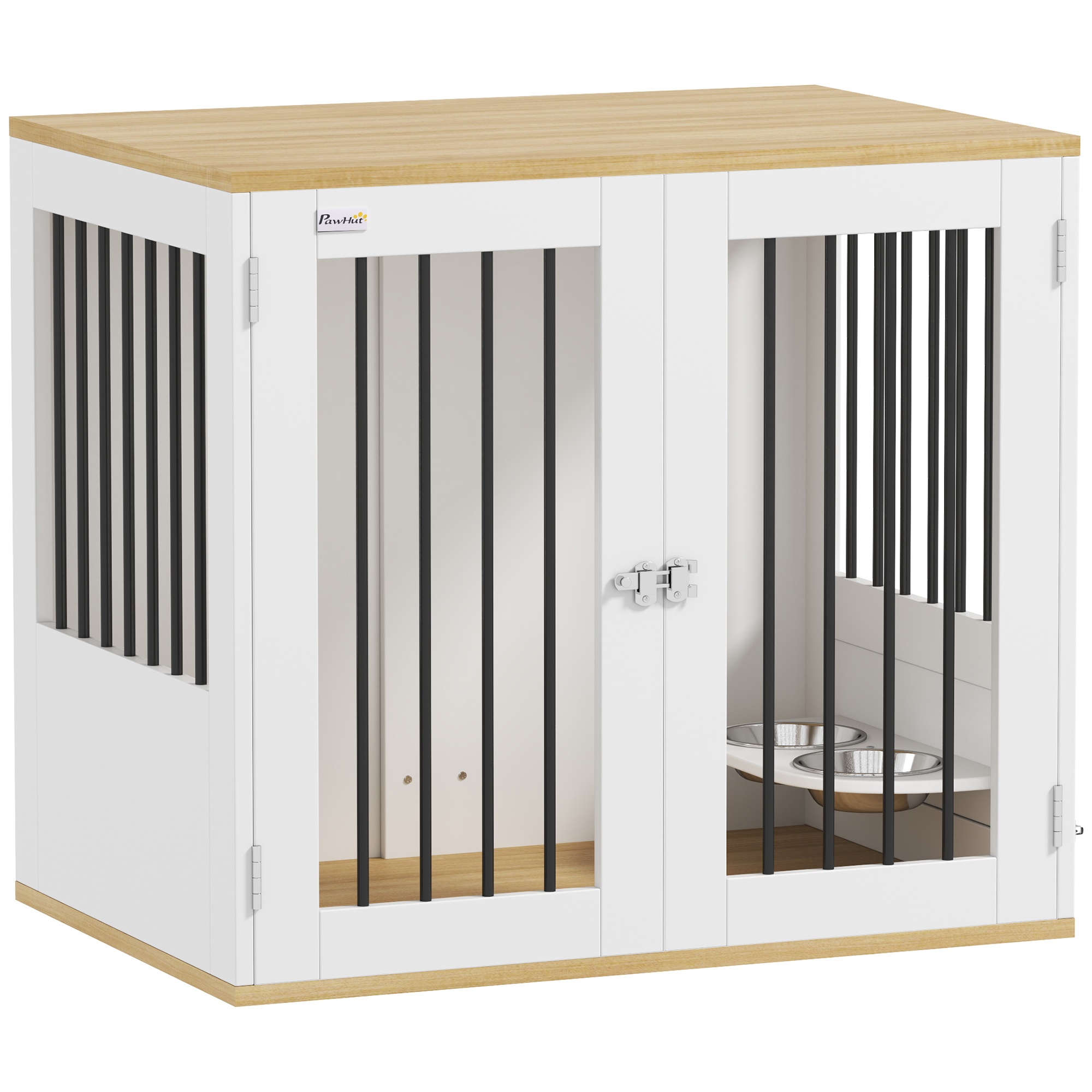 Comparer les prix de PawHut Cage pour chiens, table d'appoint, gamelles amovibles rotatives à 360° 2 portes pour chien moyenne 80x55x71,5cm blanc