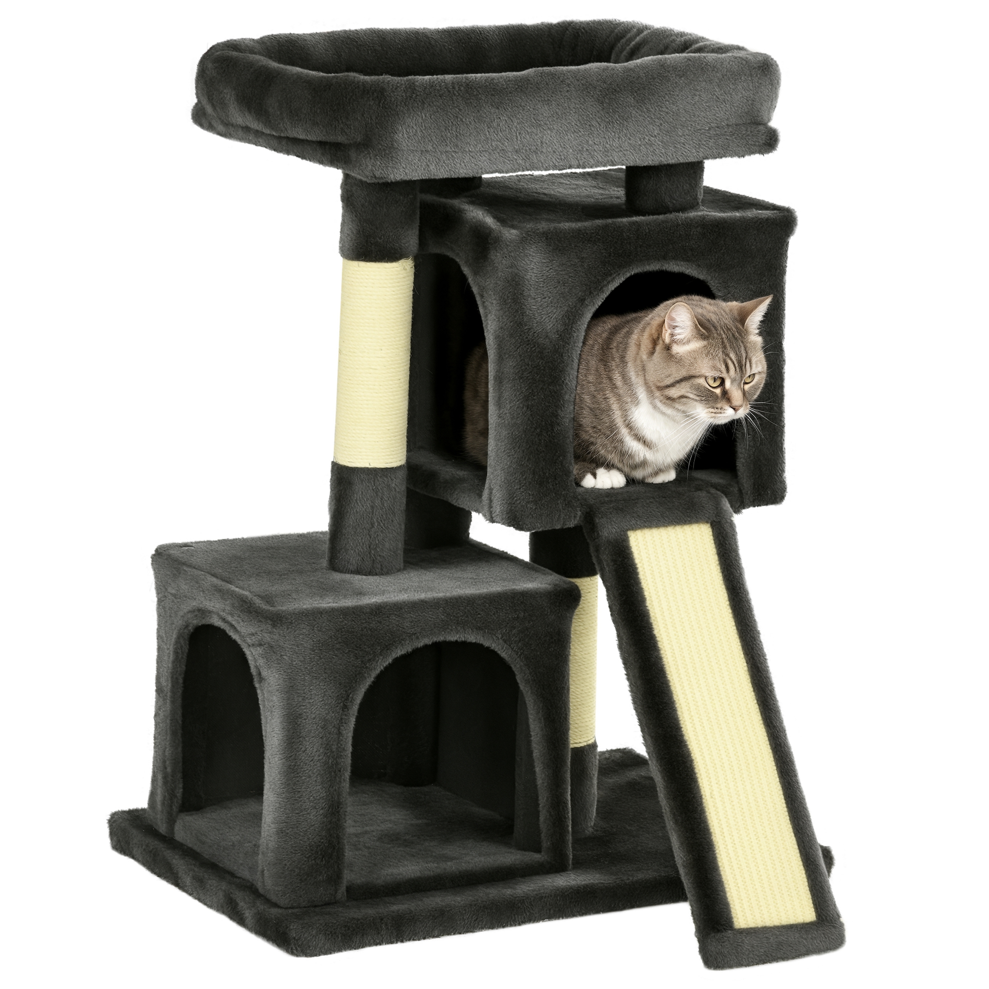 Image of PawHut Albero Tiragraffi per Gatti con Pali in Sisal, Lettino e 2 Casette, 59x39x83cm, Nero Aosom006