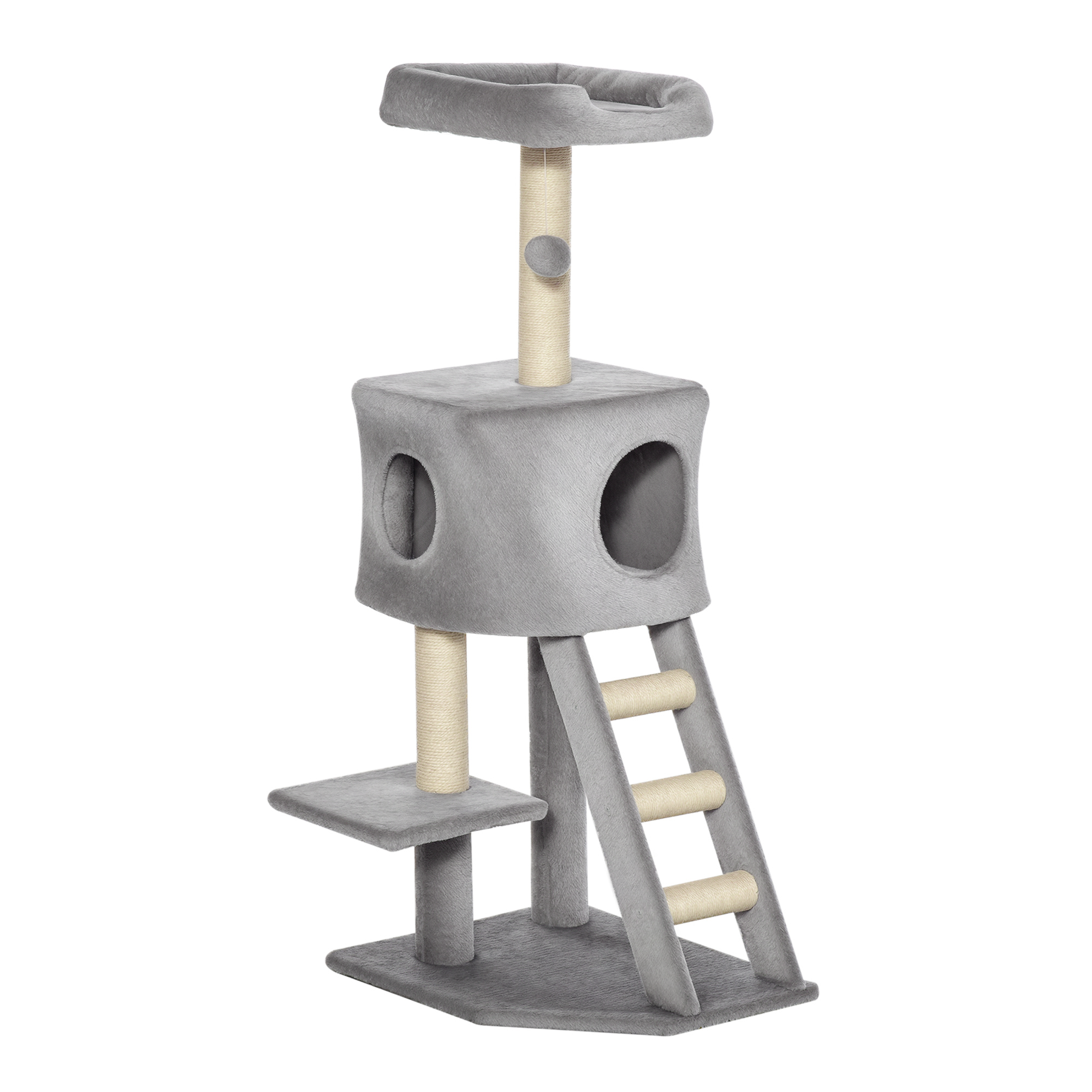 Image of PawHut Tiragraffi Multilivello Palestra per Gatti con Cuccia, Scala e Corde in Sisal, Grigio Chiaro, 50x40x120cm Aosom006