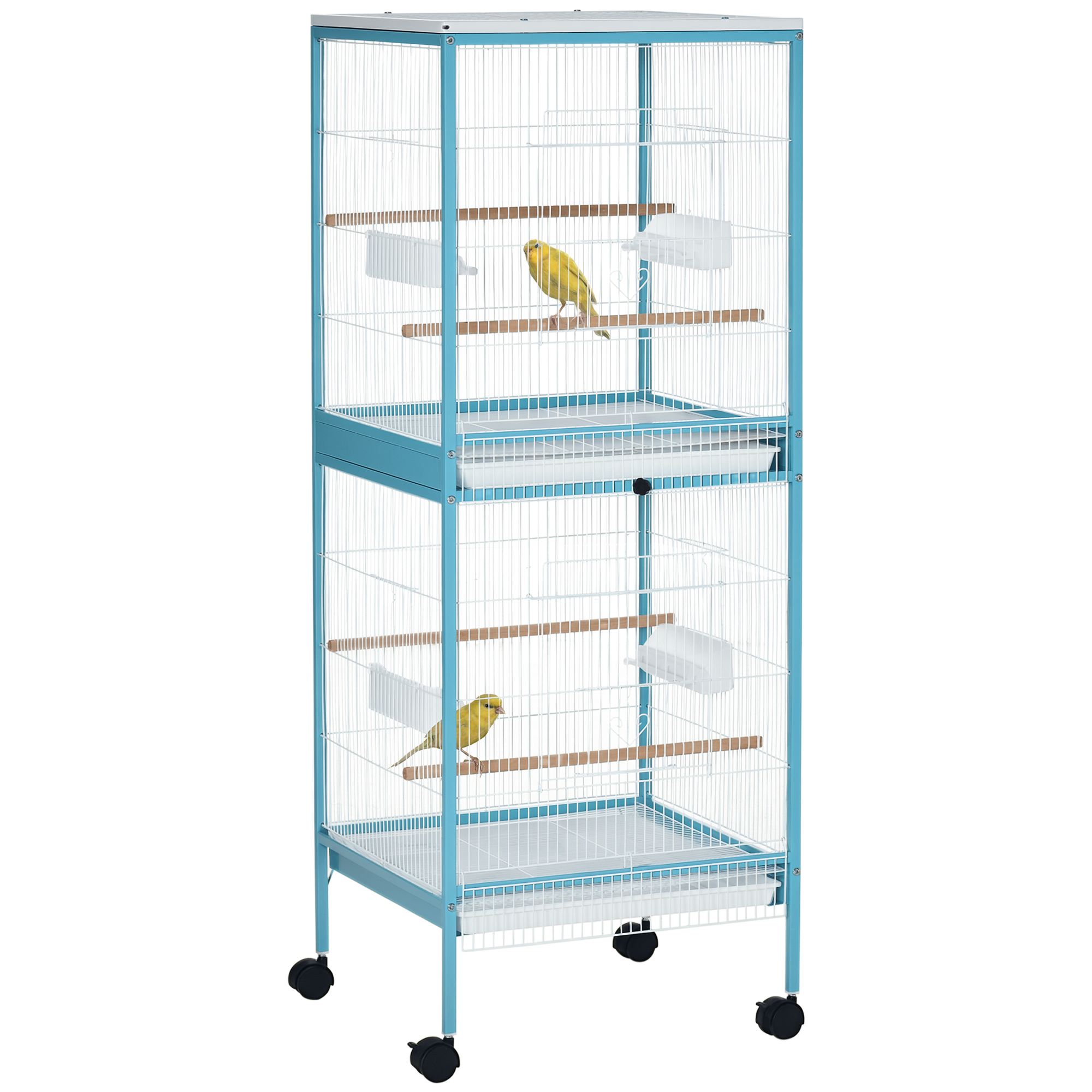 PawHut Gabbia per Uccelli 2 in 1 Voliera per Interni con 4 Ruote Girevoli, Vassoi Estraibili e Contenitori in Plastica, 51.5x50x140cm, Azzurra Aosom