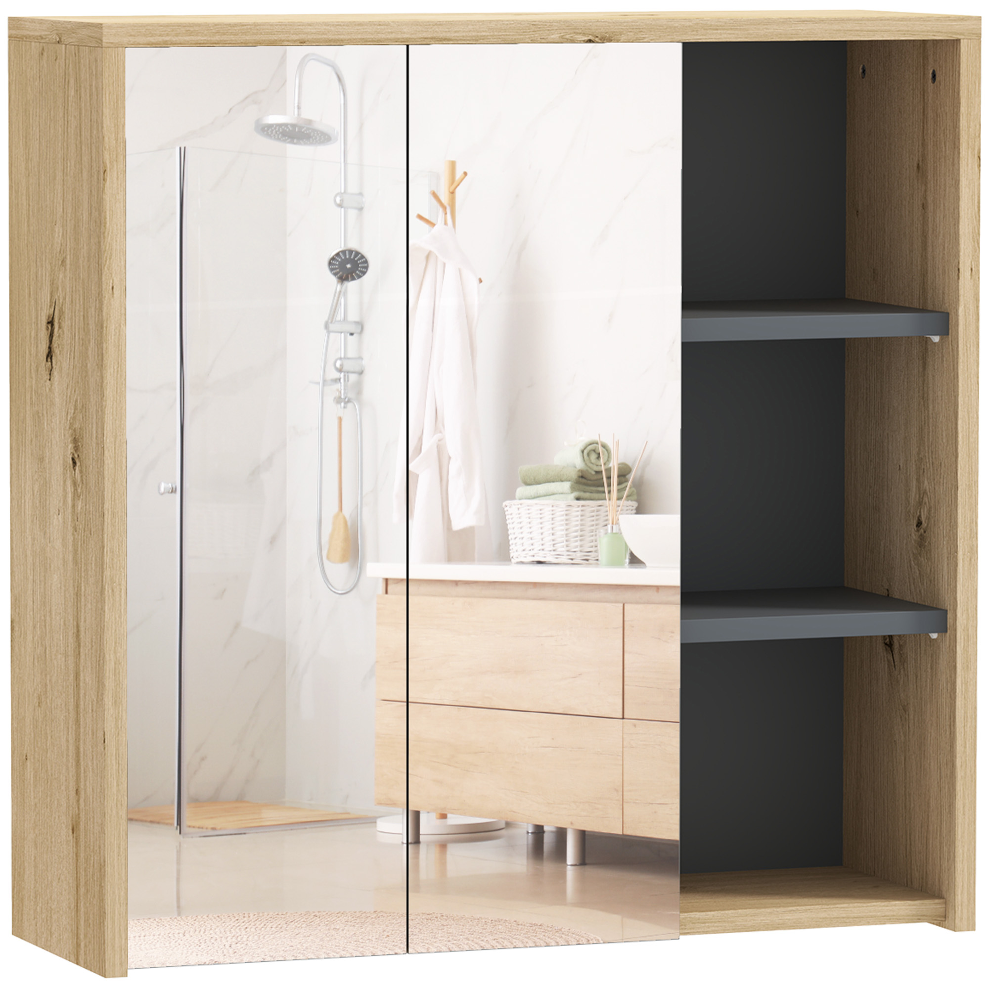 HOMCOM Armario de Baño con Espejo Armario con Espejo para Baño con Estantes Estilo Moderno 60x20x60 cm Madera Natural