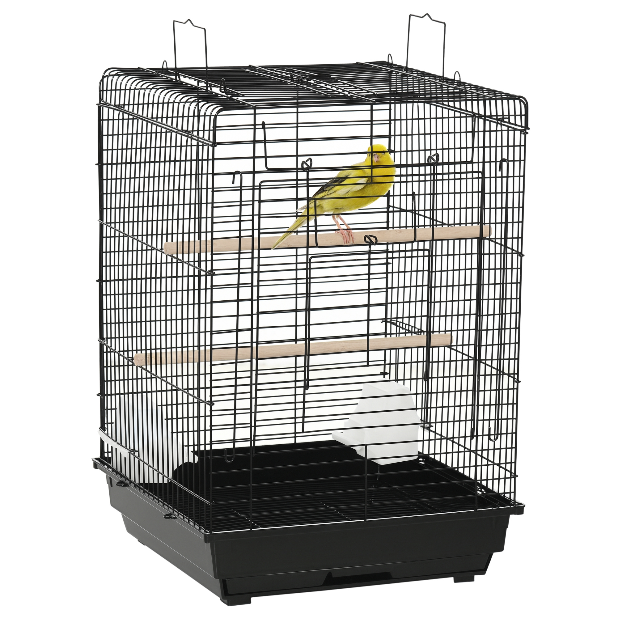 PawHut Jaula para Aves 40x40x59 cm con Techo Abatible 2 Perchas 2 Comederos Bandeja Extraíble Diseño Compacto Negro | Aosom España