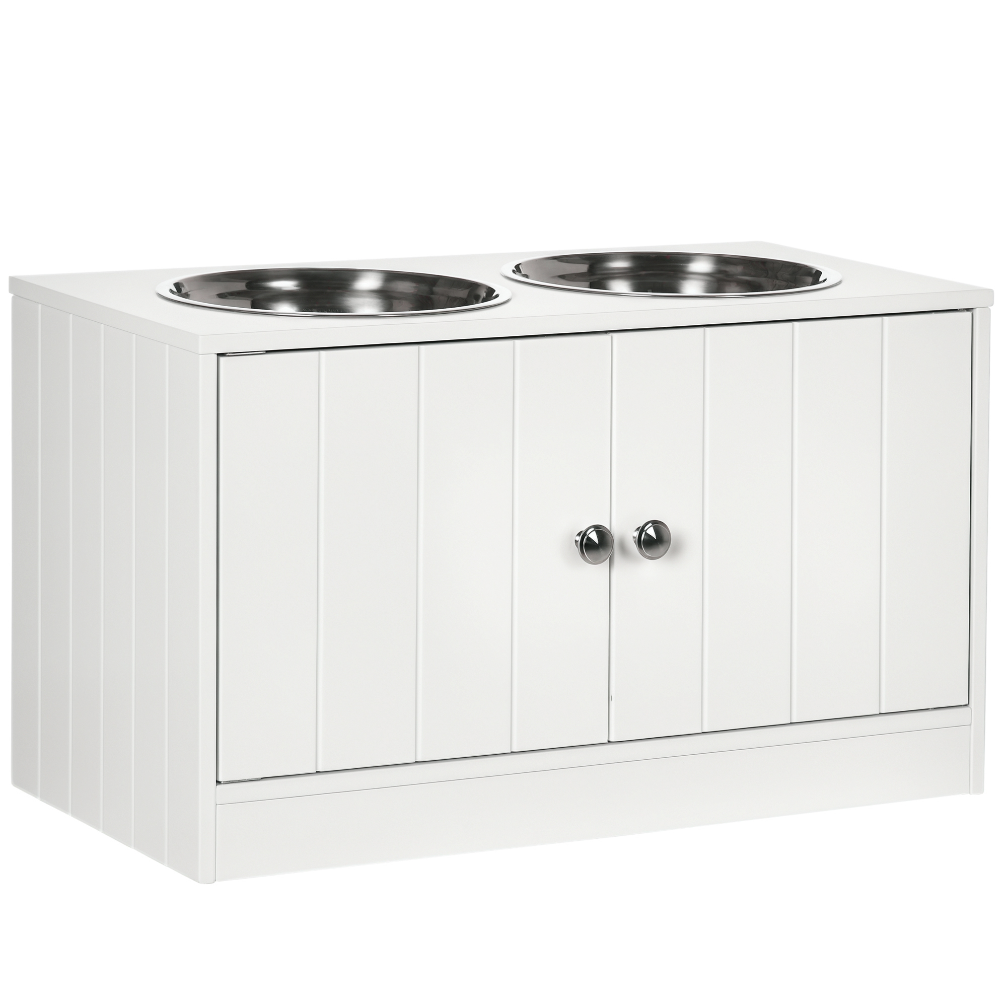 Meilleurs prix pour Gamelle double chien chat - porte-gamelles surélevé armoire 2 en 1 - 2 portes, 2 gamelles - MDF blanc acier inox.