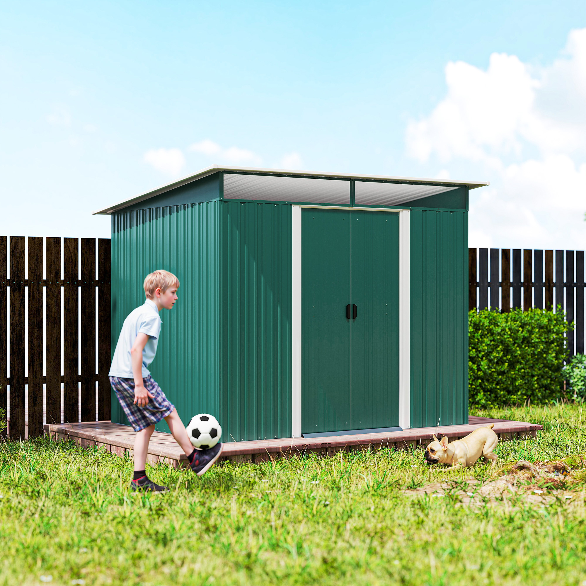 Outsunny 8.5 x 6ft Metal Shed with Lightsky Panels, Garden Storage Tool House with Double Doors for Garden, Patio and Lawn, Green 9
