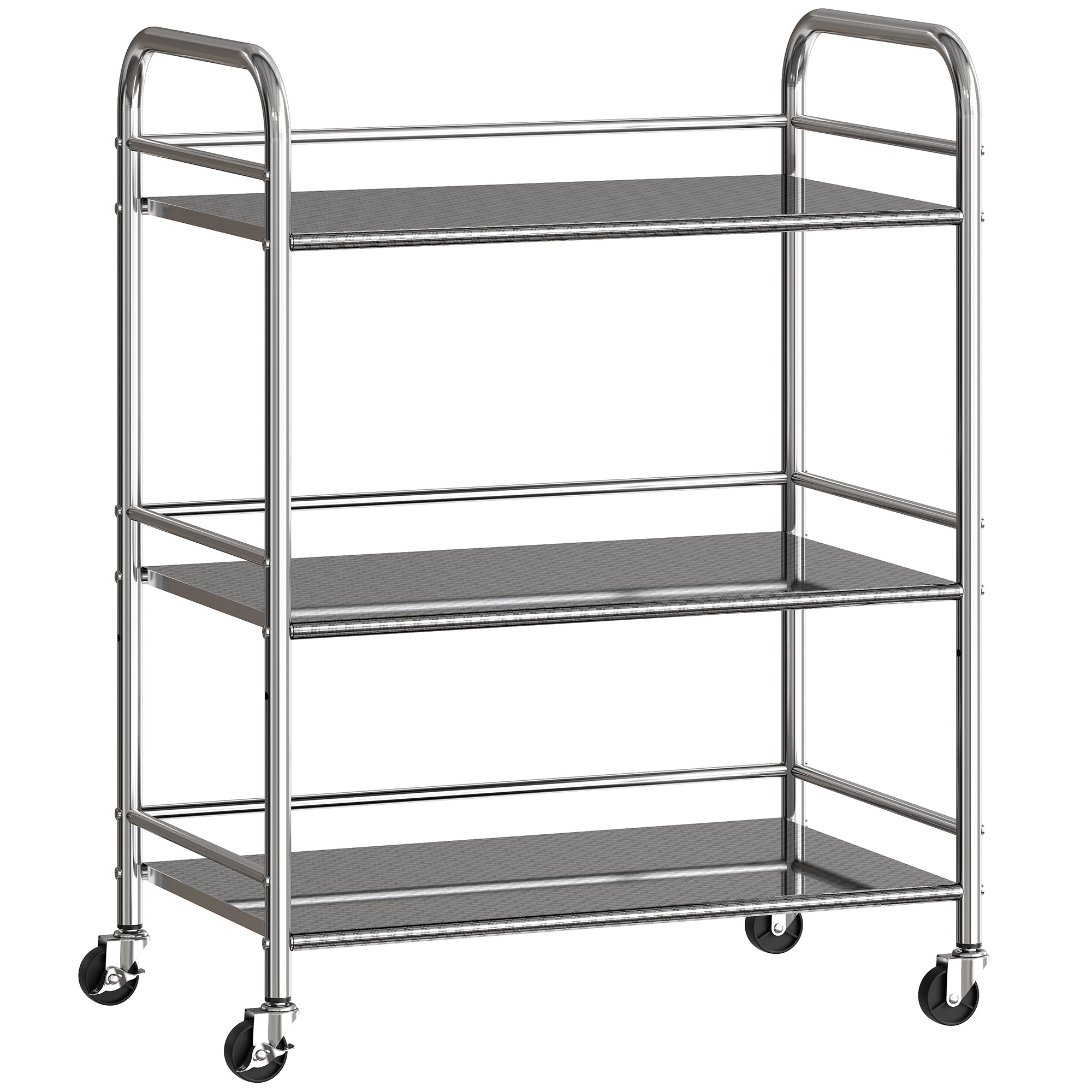 HOMCOM Carrito Auxiliar con Ruedas de Acero Inoxidable Carro de Servicio de 3 Niveles con Estante Ajustable 60x35x77 cm Plata
